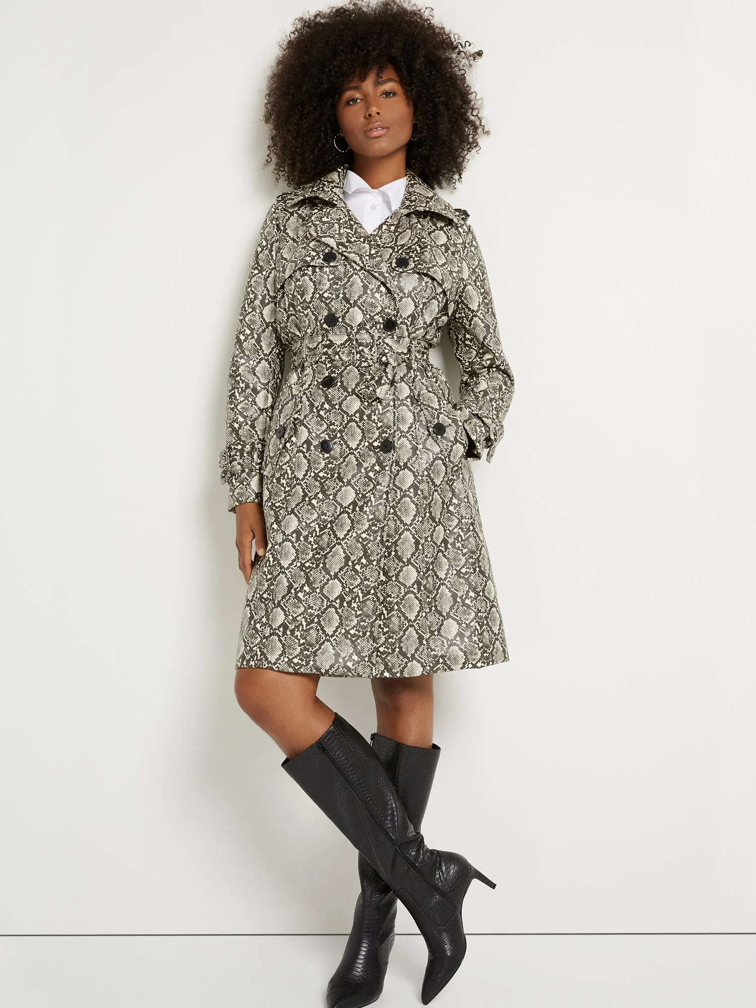 Faux-Leather Snake-Print Trench Coat - Image 2