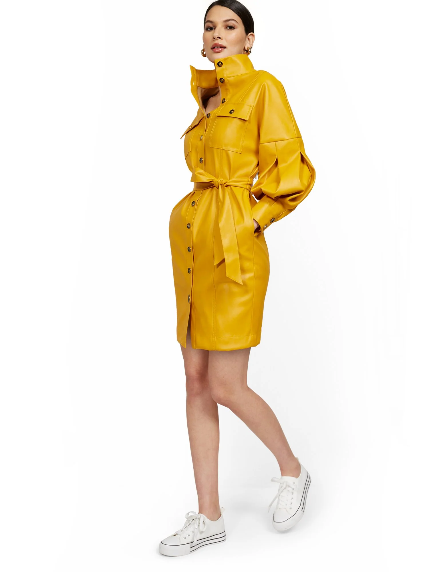 Faux-Leather Statement Sleeve Dress - Image 13