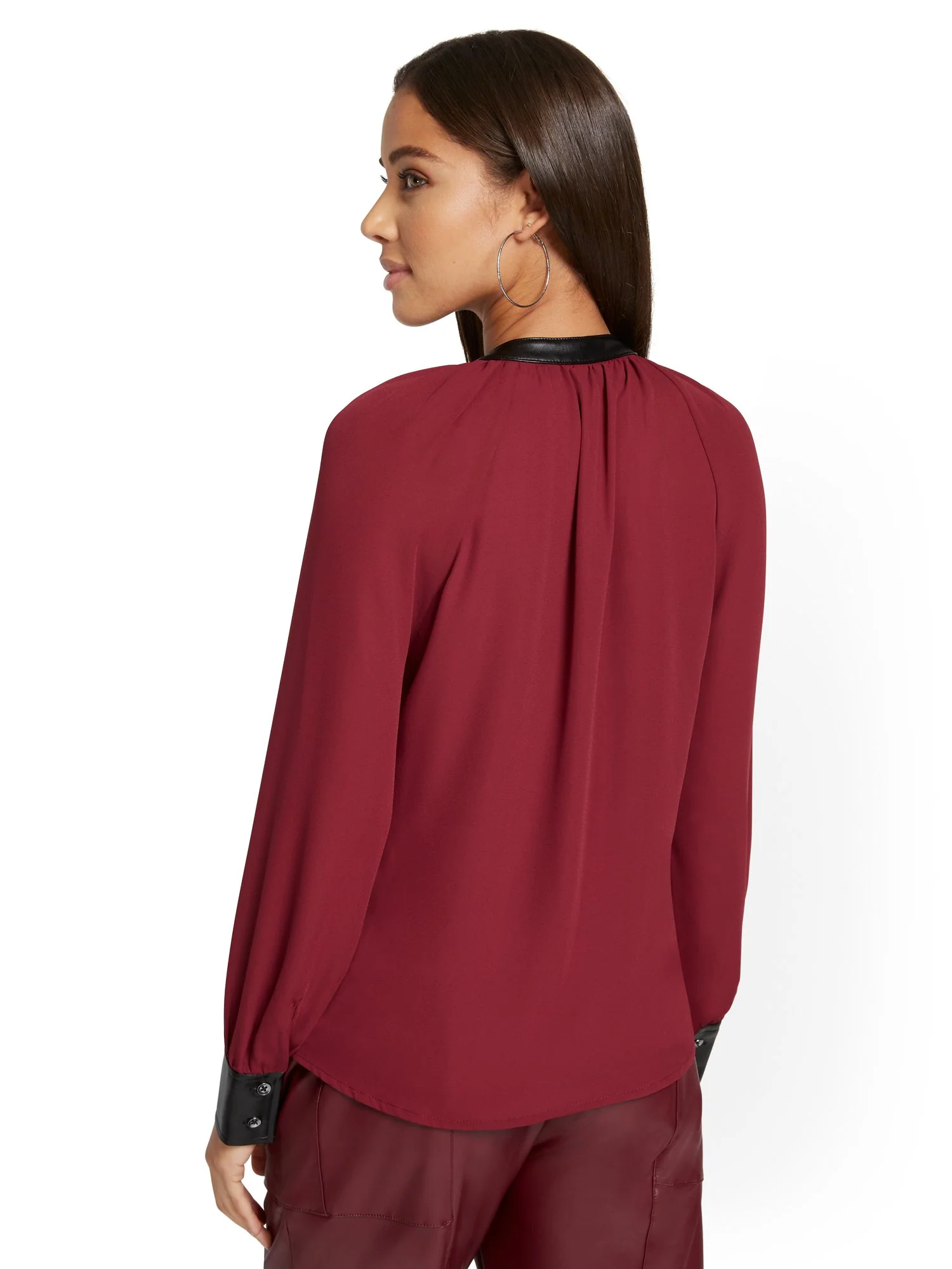 Faux-Leather Tie-Front Accent Blouse - Image 3