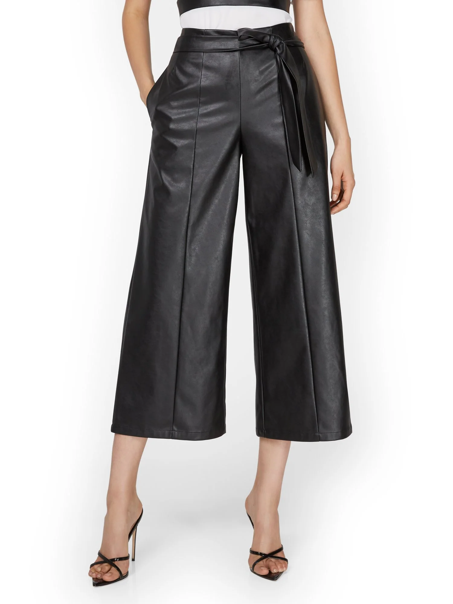 Faux-Leather Tie-Waist Wide-Leg Capri Pant