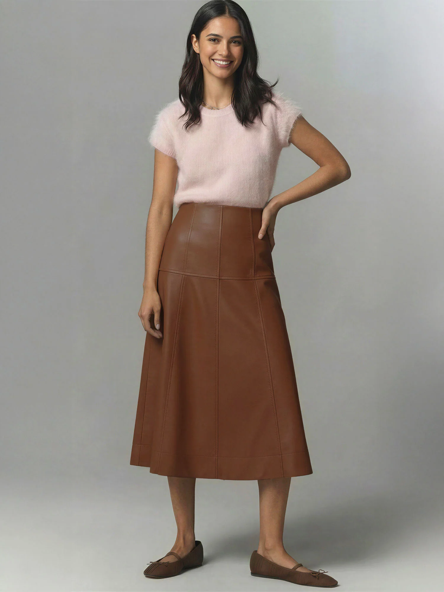 Faux Leather Top Stitched Midi Skirt