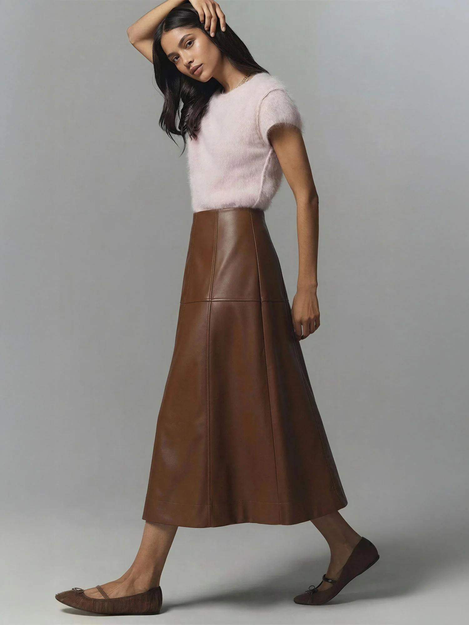 Faux Leather Top Stitched Midi Skirt - Image 2