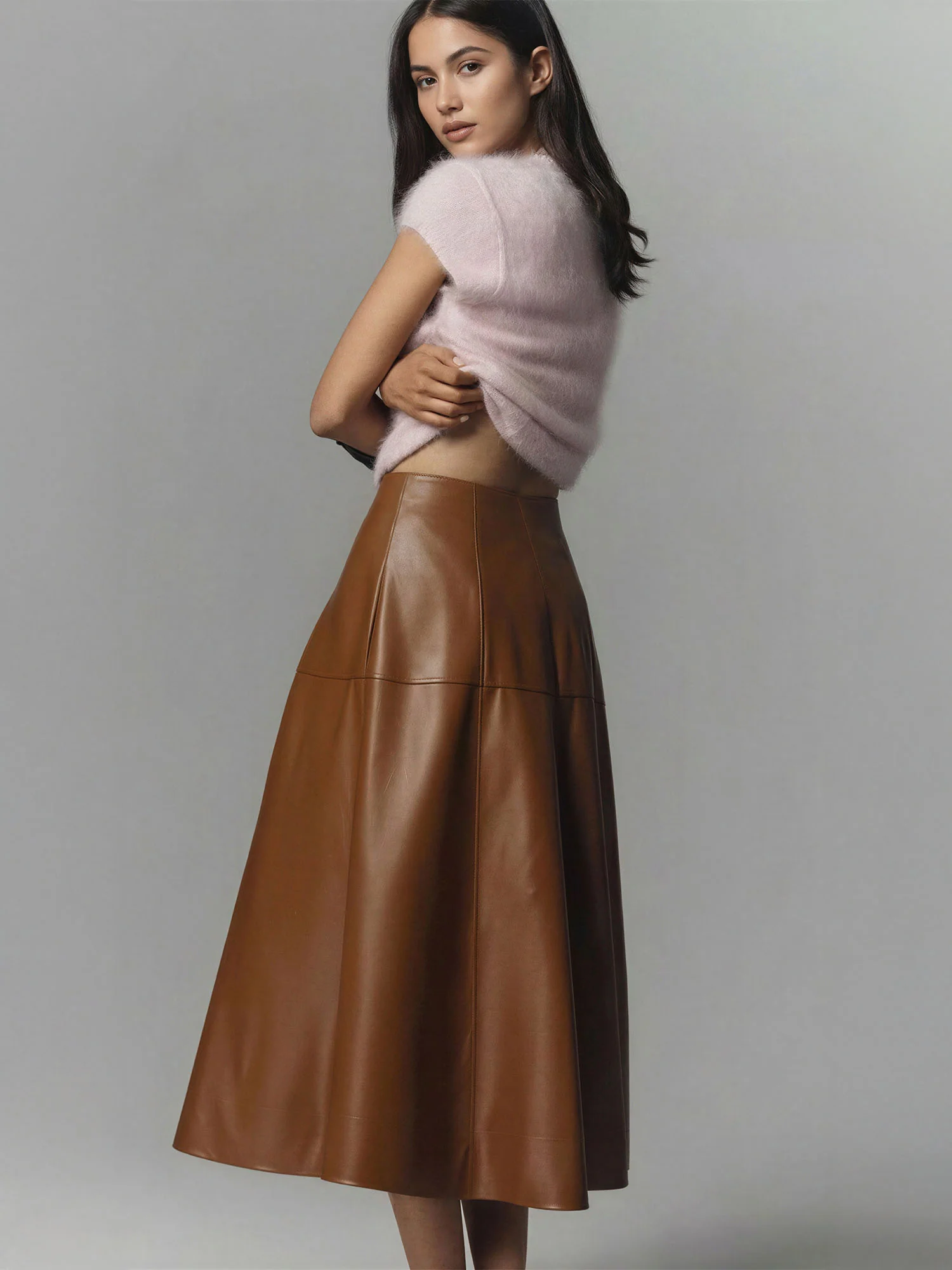 Faux Leather Top Stitched Midi Skirt - Image 3