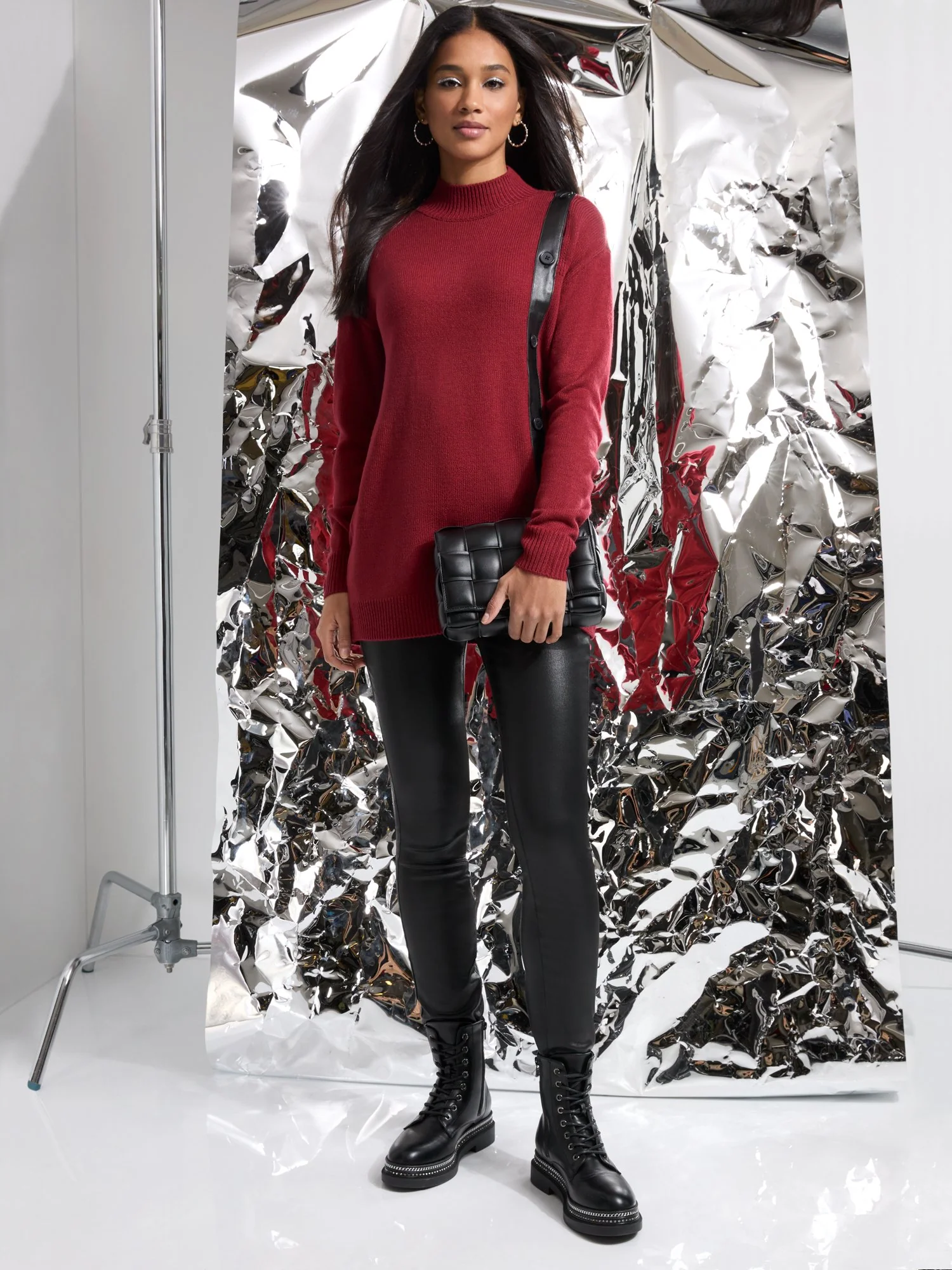 Faux-Leather Trim Button-Front Tunic Sweater - Image 2