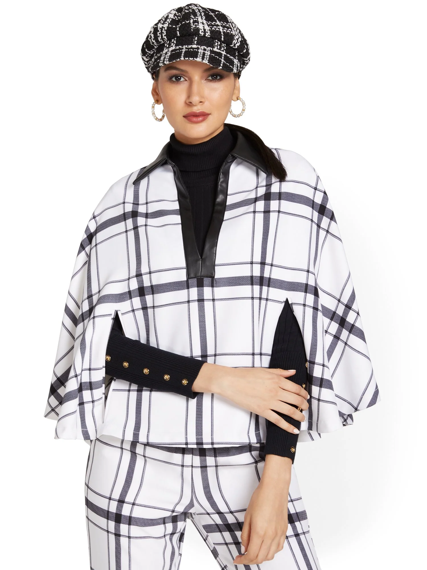 Faux-Leather Trim Plaid Cape - Image 2