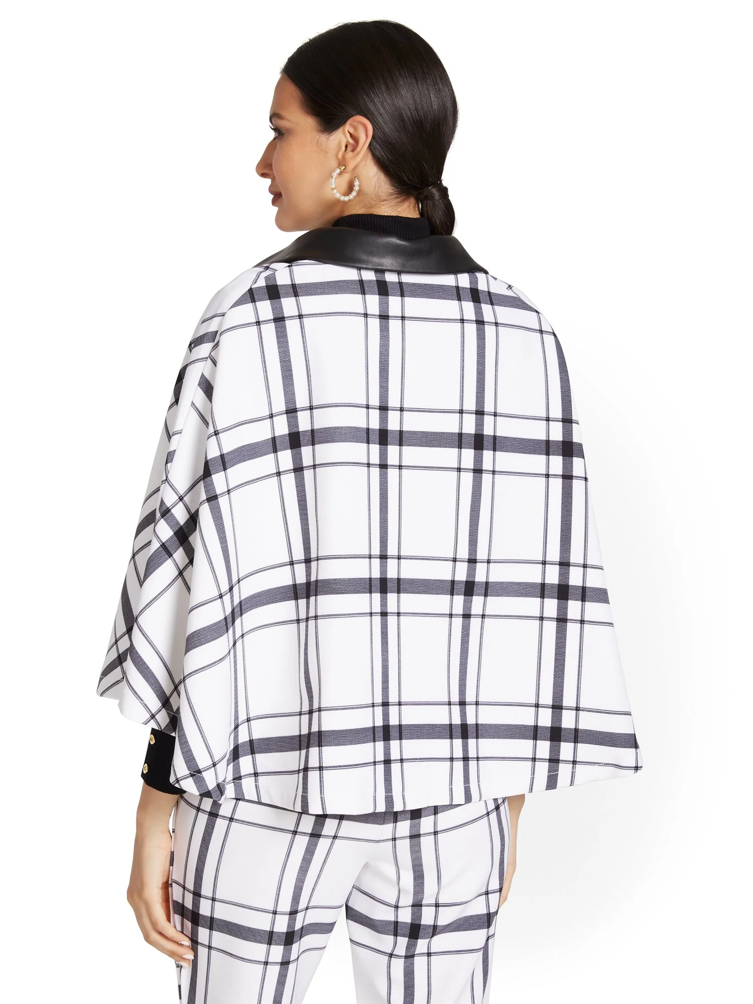 Faux-Leather Trim Plaid Cape - Image 3