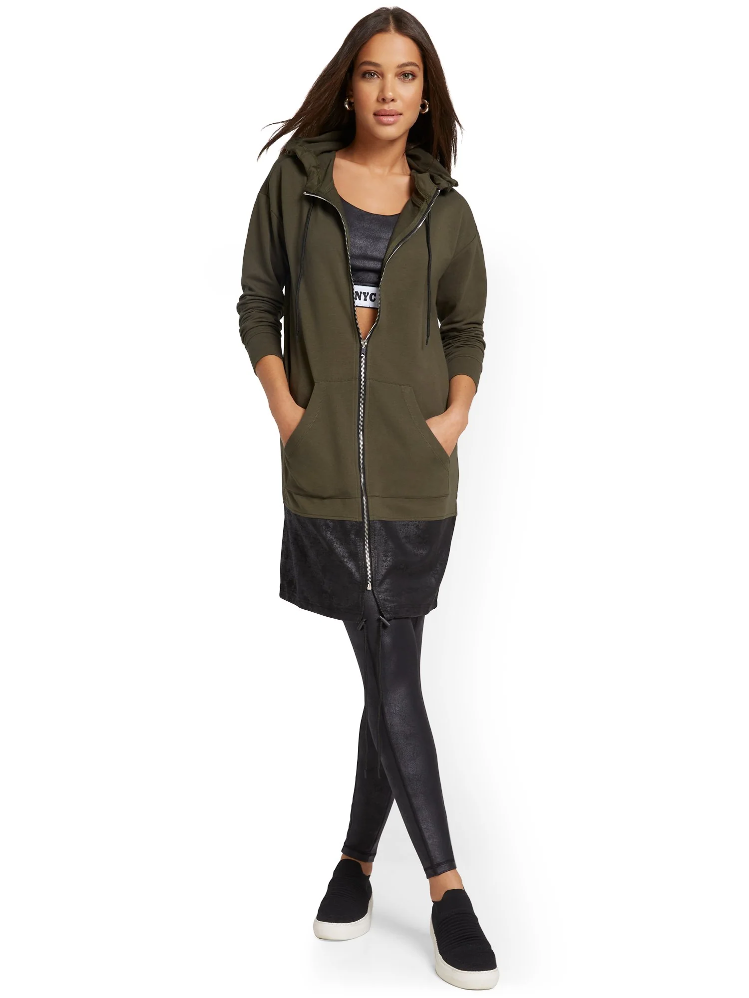 Faux-Leather Trim Zip-Front Hoodie - Image 5
