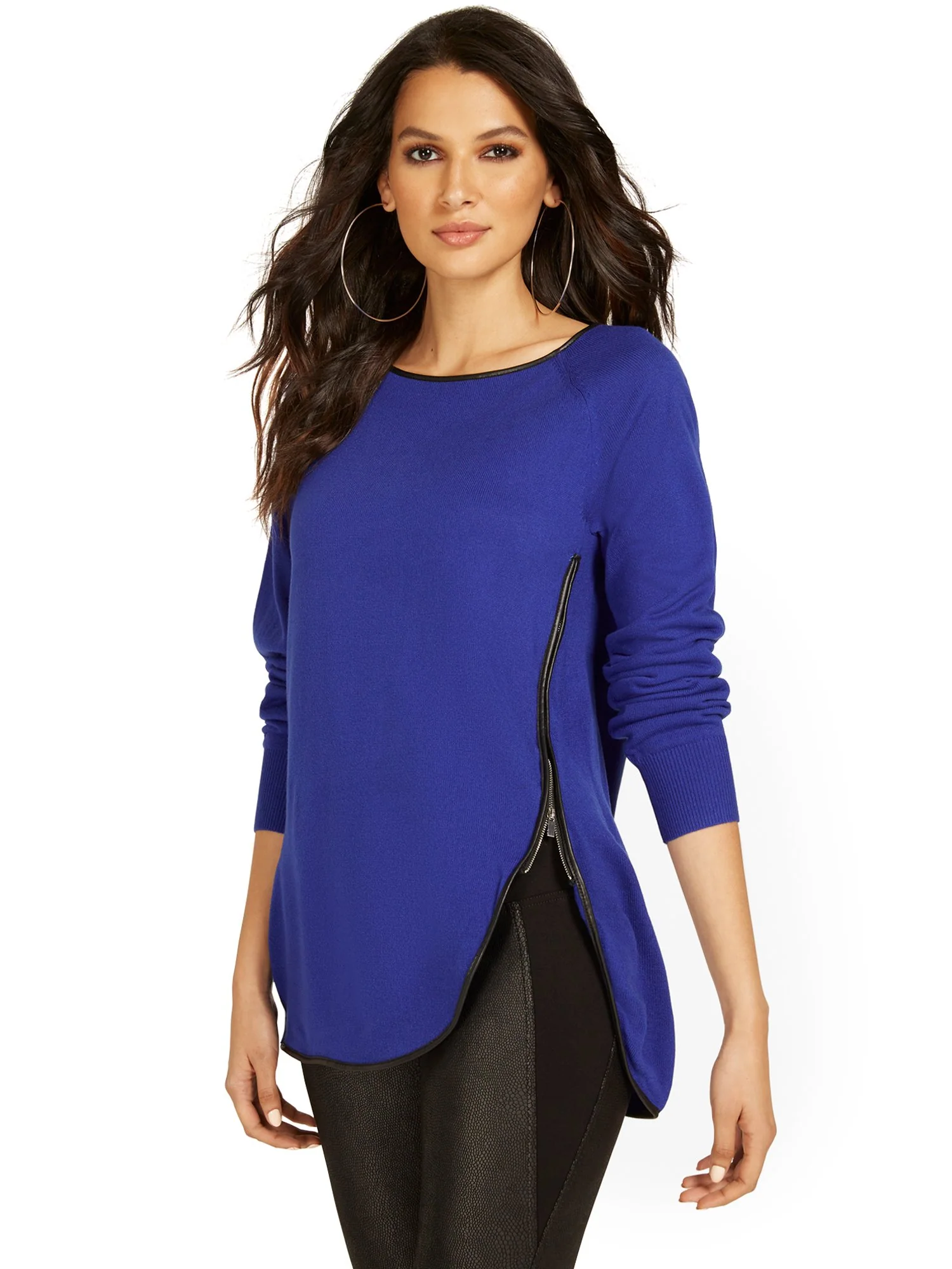 Faux-Leather Trim Zip-Side Sweater - Image 6