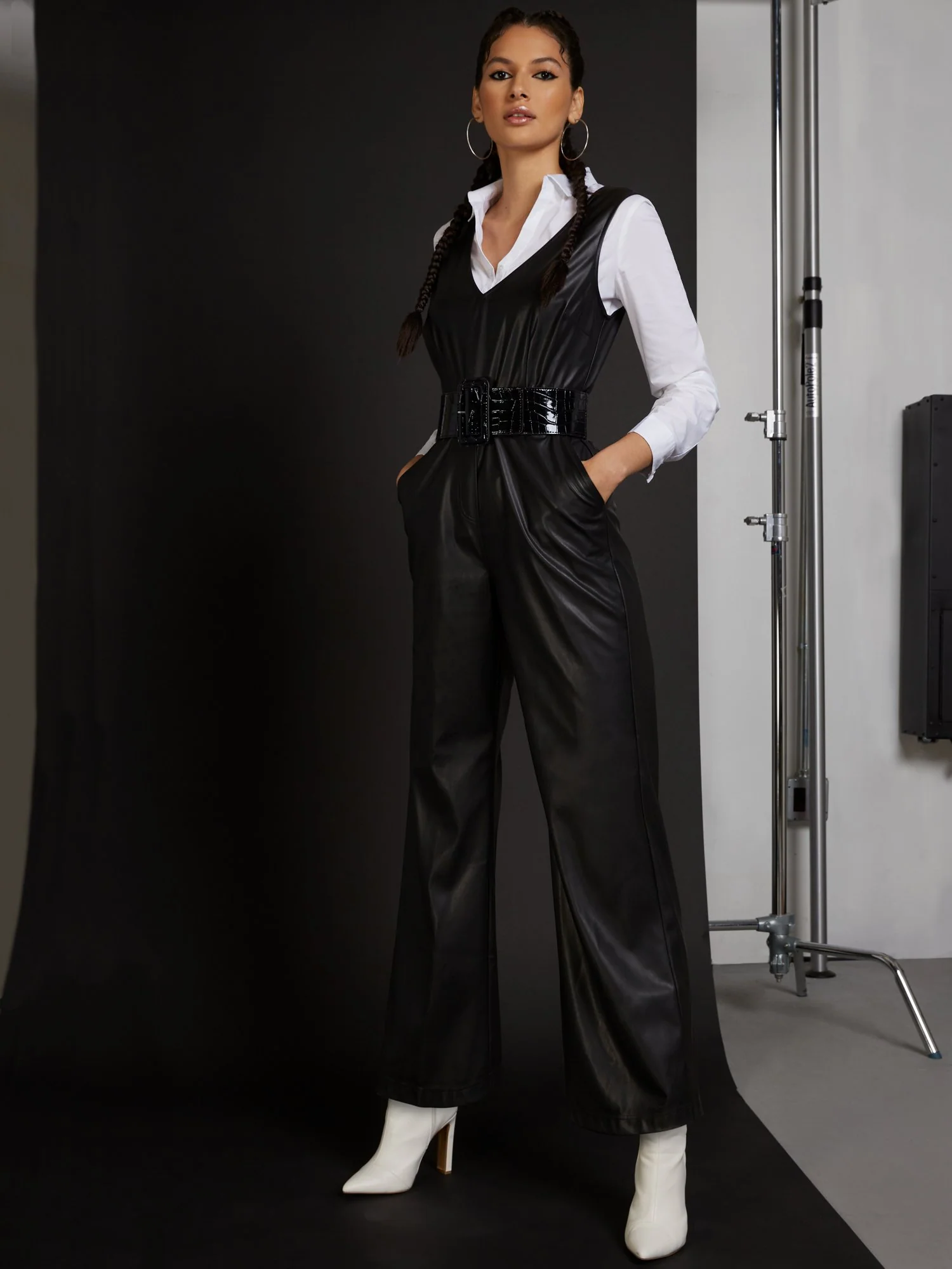 Faux-Leather V-Neck Jumpsuit - Image 2