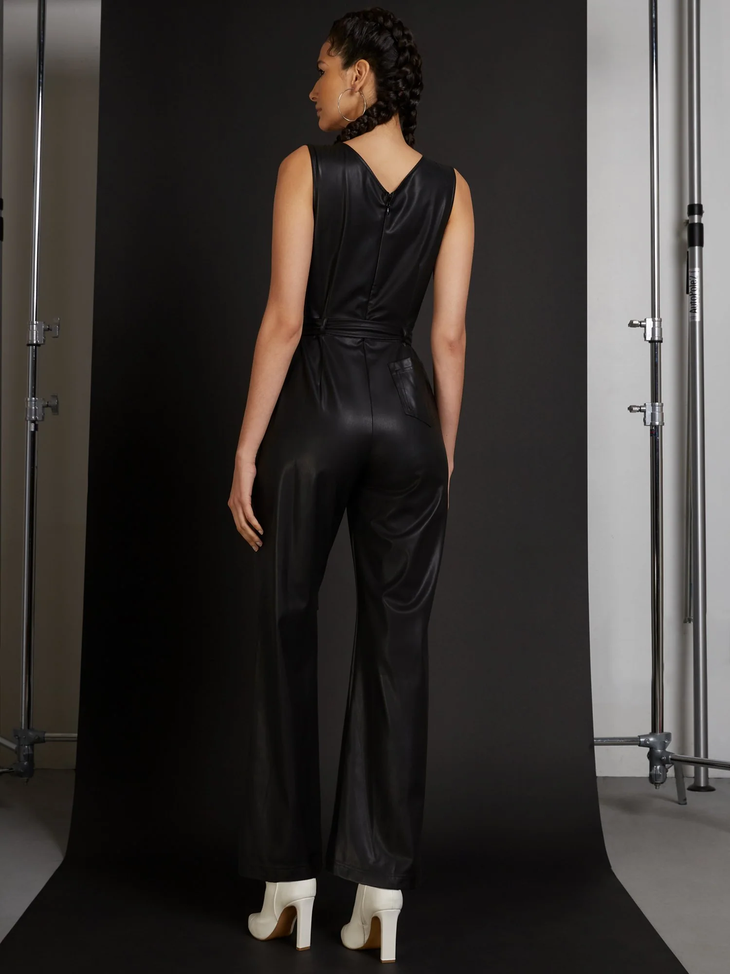 Faux-Leather V-Neck Jumpsuit - Image 3