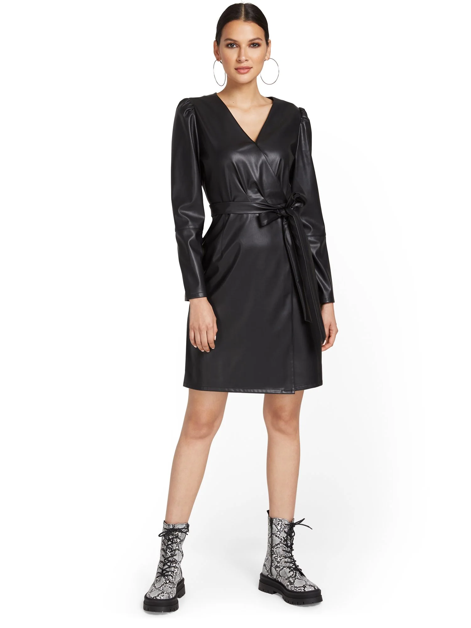 Faux-Leather Wrap Dress