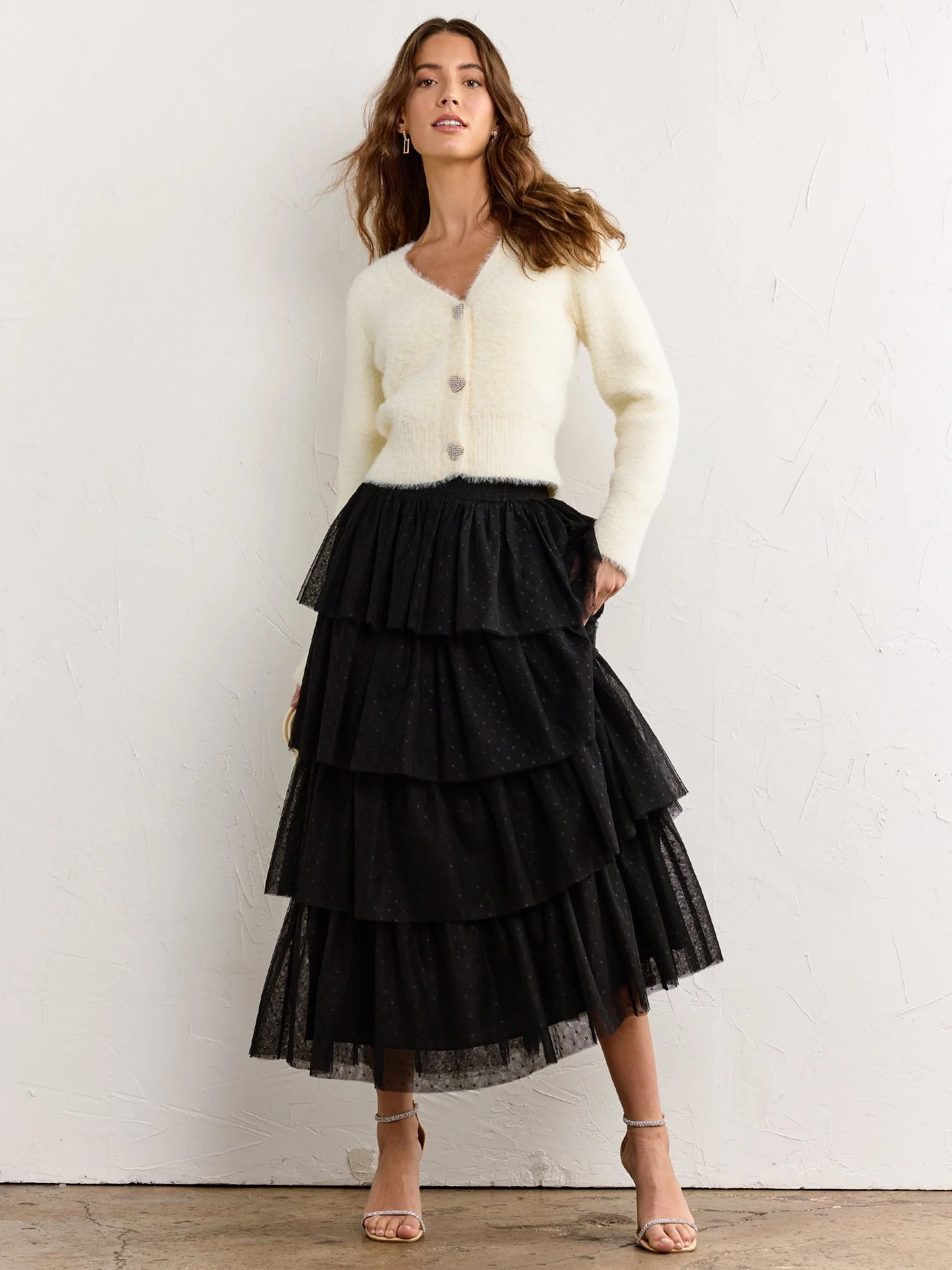 Feathered Plush Heart Buttoned Cardigan - English Factory - Image 3