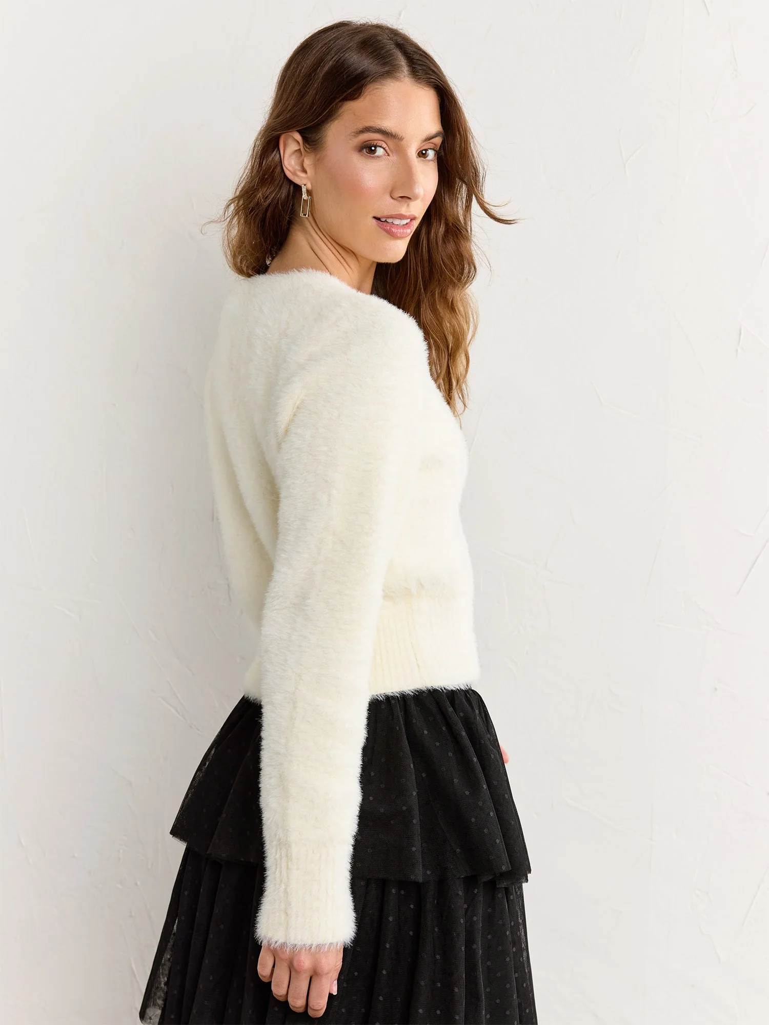 Feathered Plush Heart Buttoned Cardigan - English Factory - Image 4