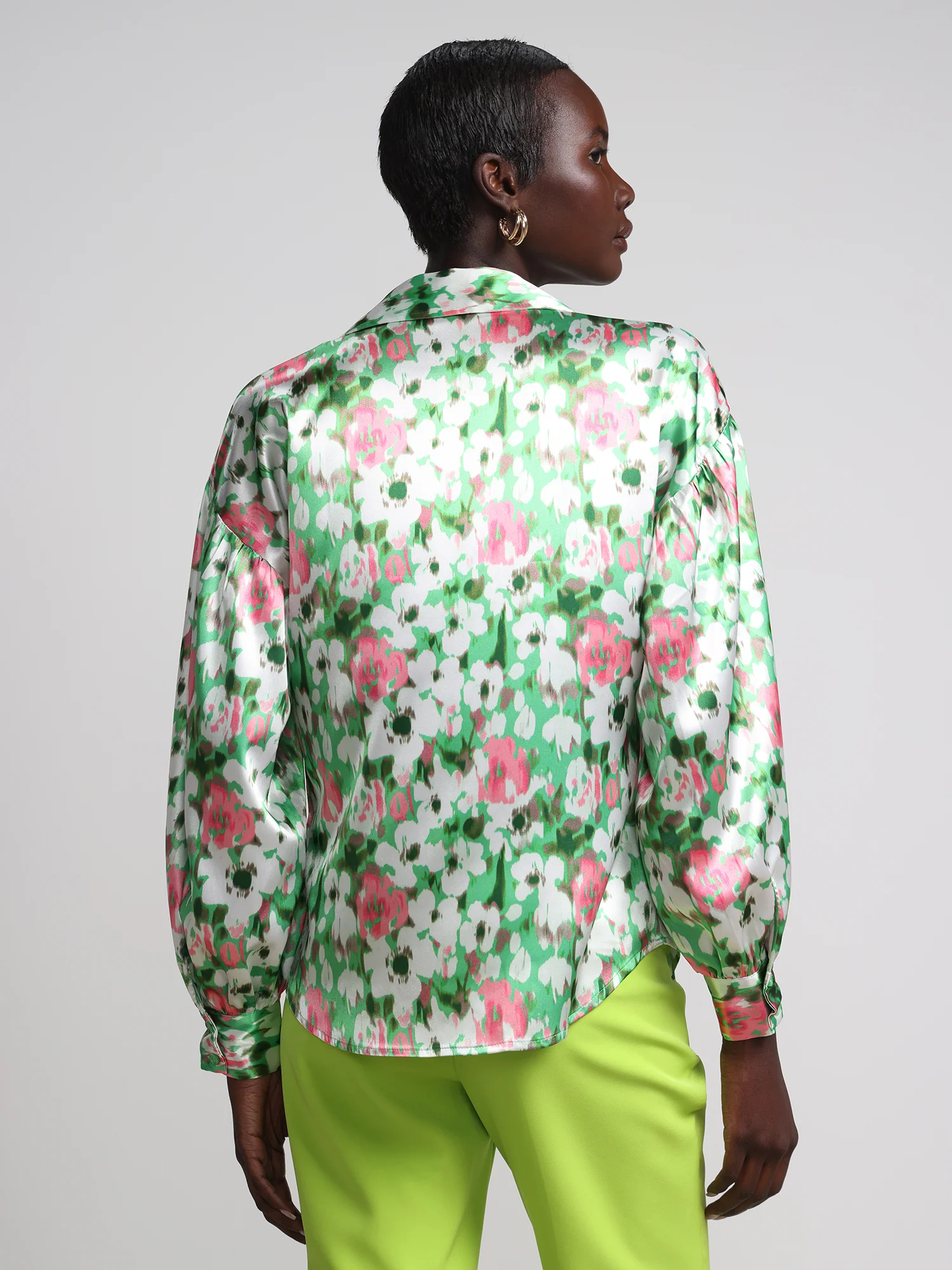 Floral Button-Front Satin Effect Blouse - Image 3