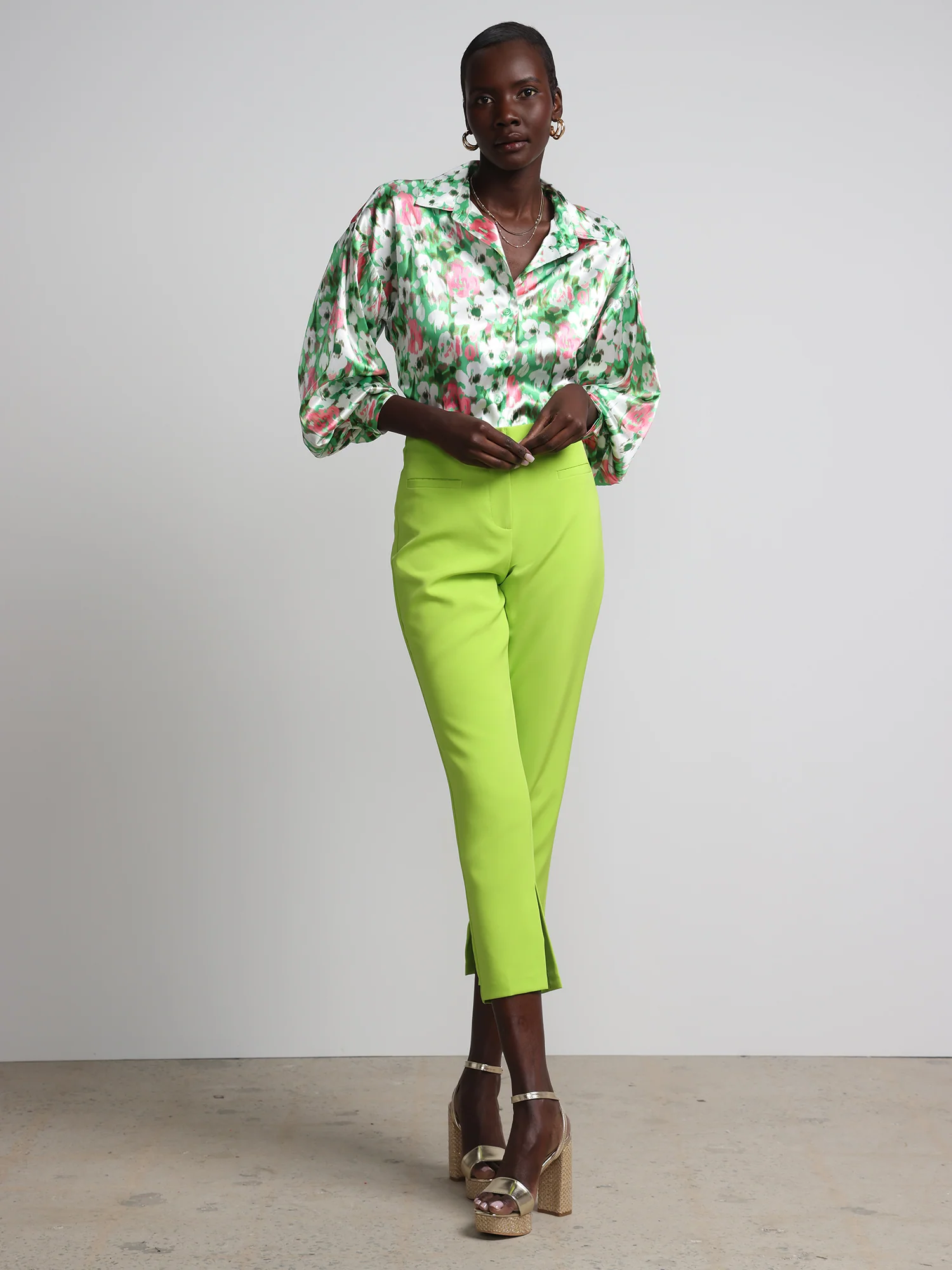 Floral Button-Front Satin Effect Blouse - Image 4
