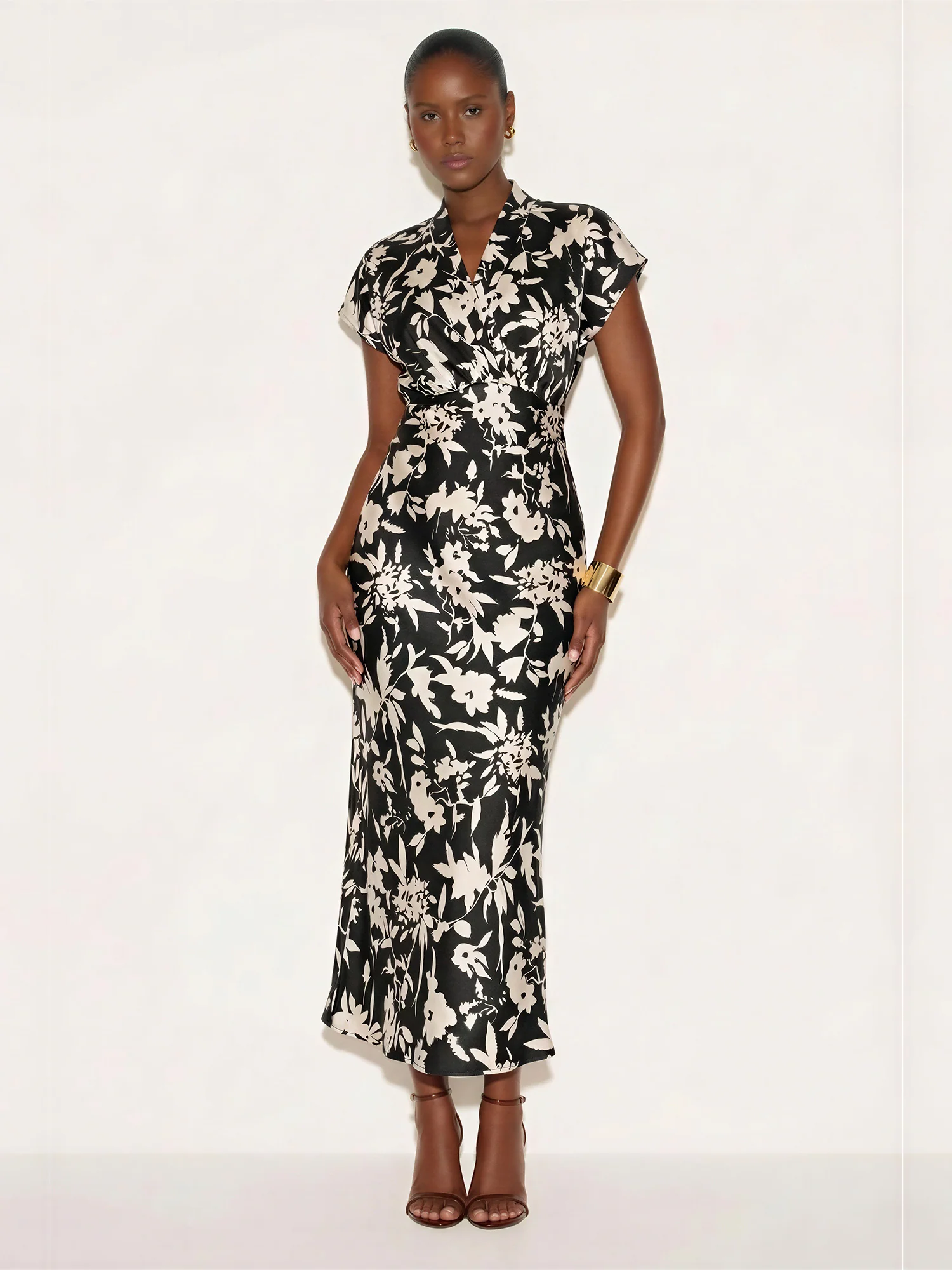 Short Sleeve Printed Satin Midi Dress