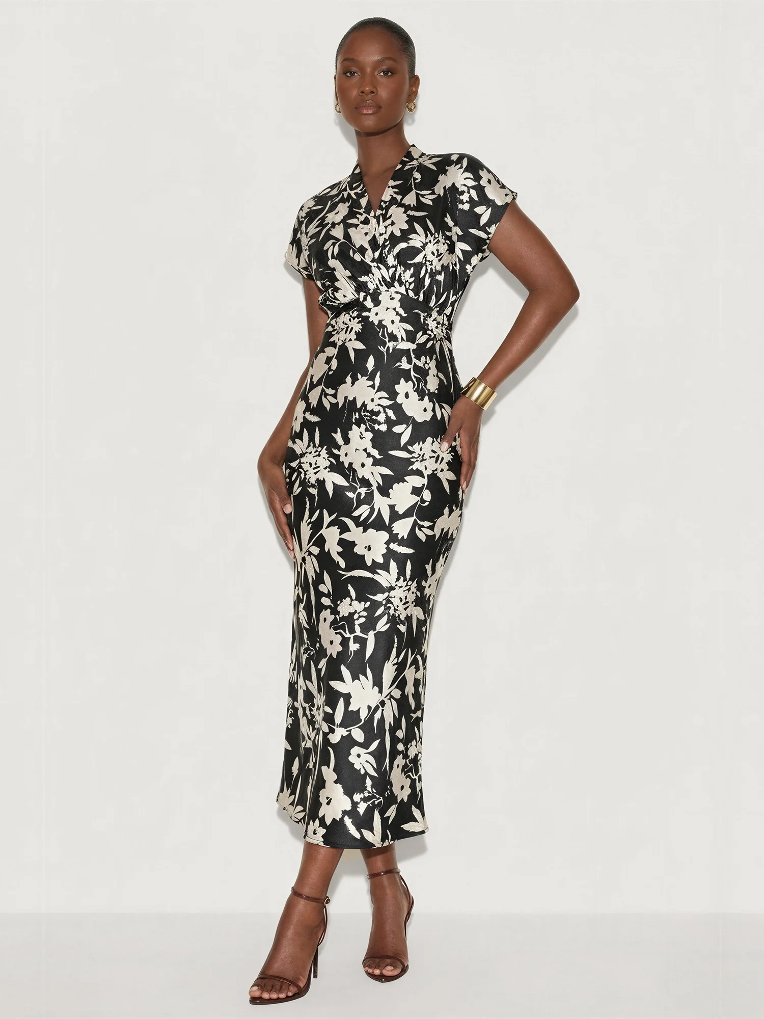 Short Sleeve Printed Satin Midi Dress - Image 3