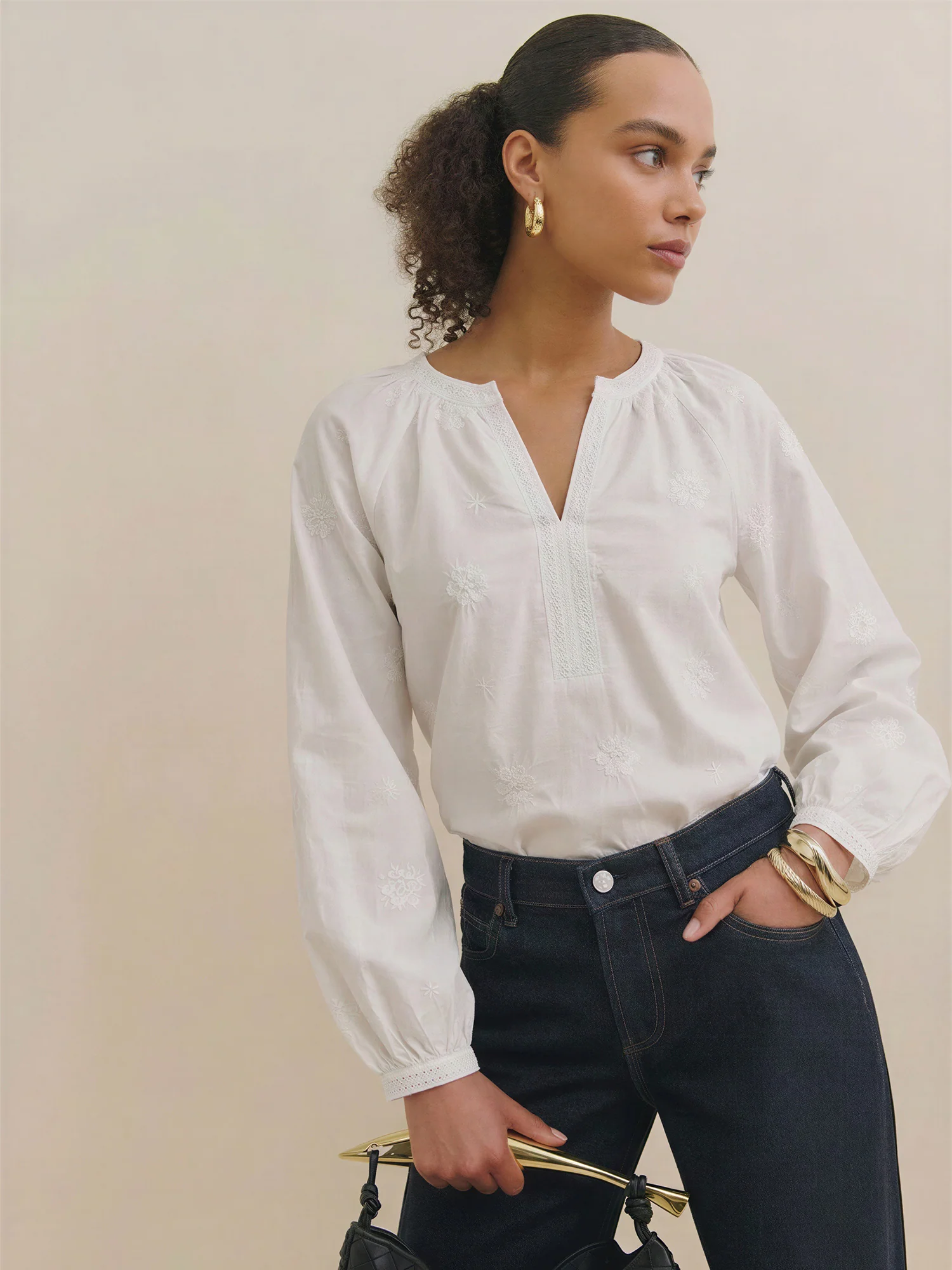 Floral Embroidery Blouse With Long Voluminous Sleeves