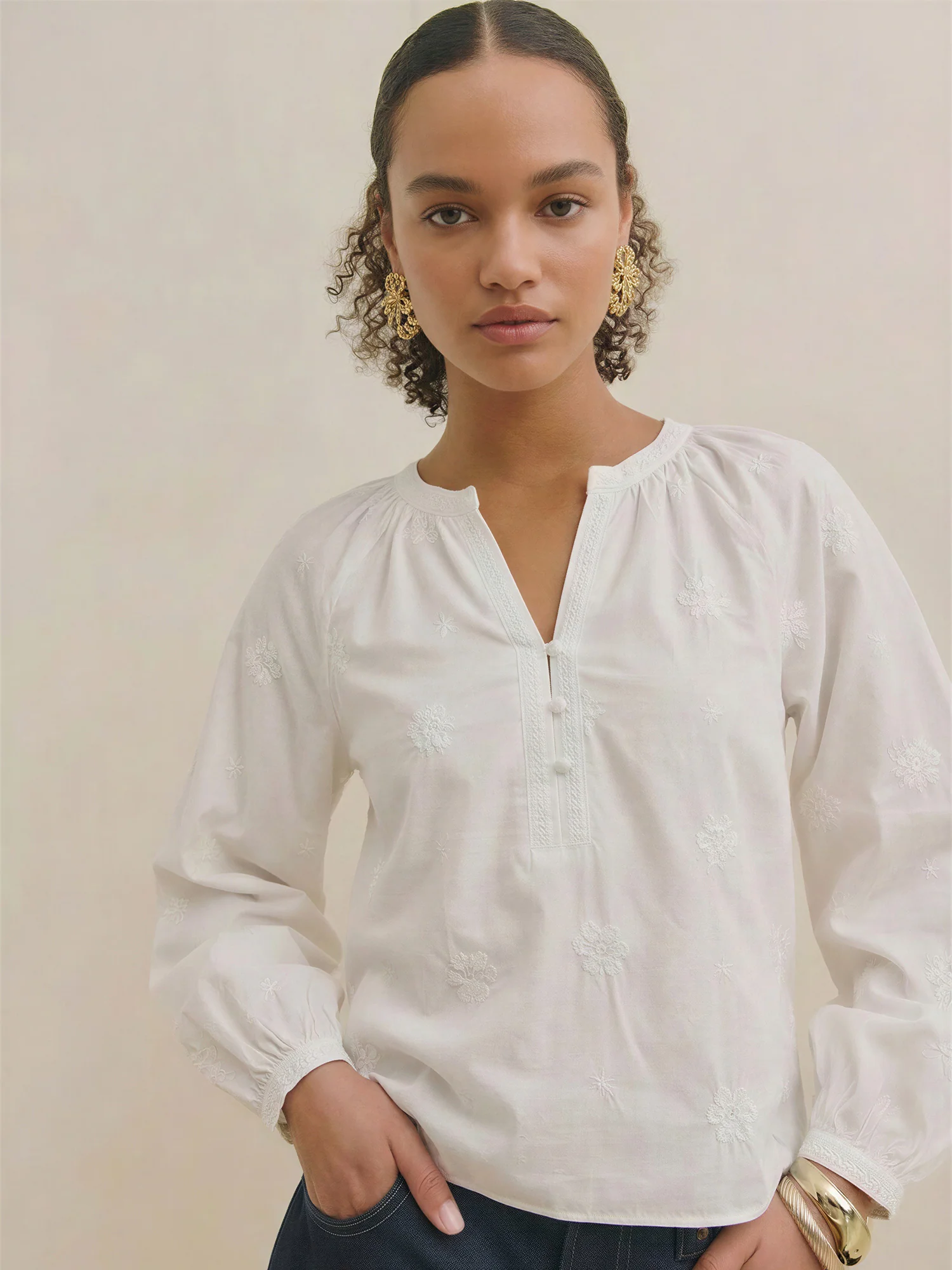 Floral Embroidery Blouse With Long Voluminous Sleeves - Image 3
