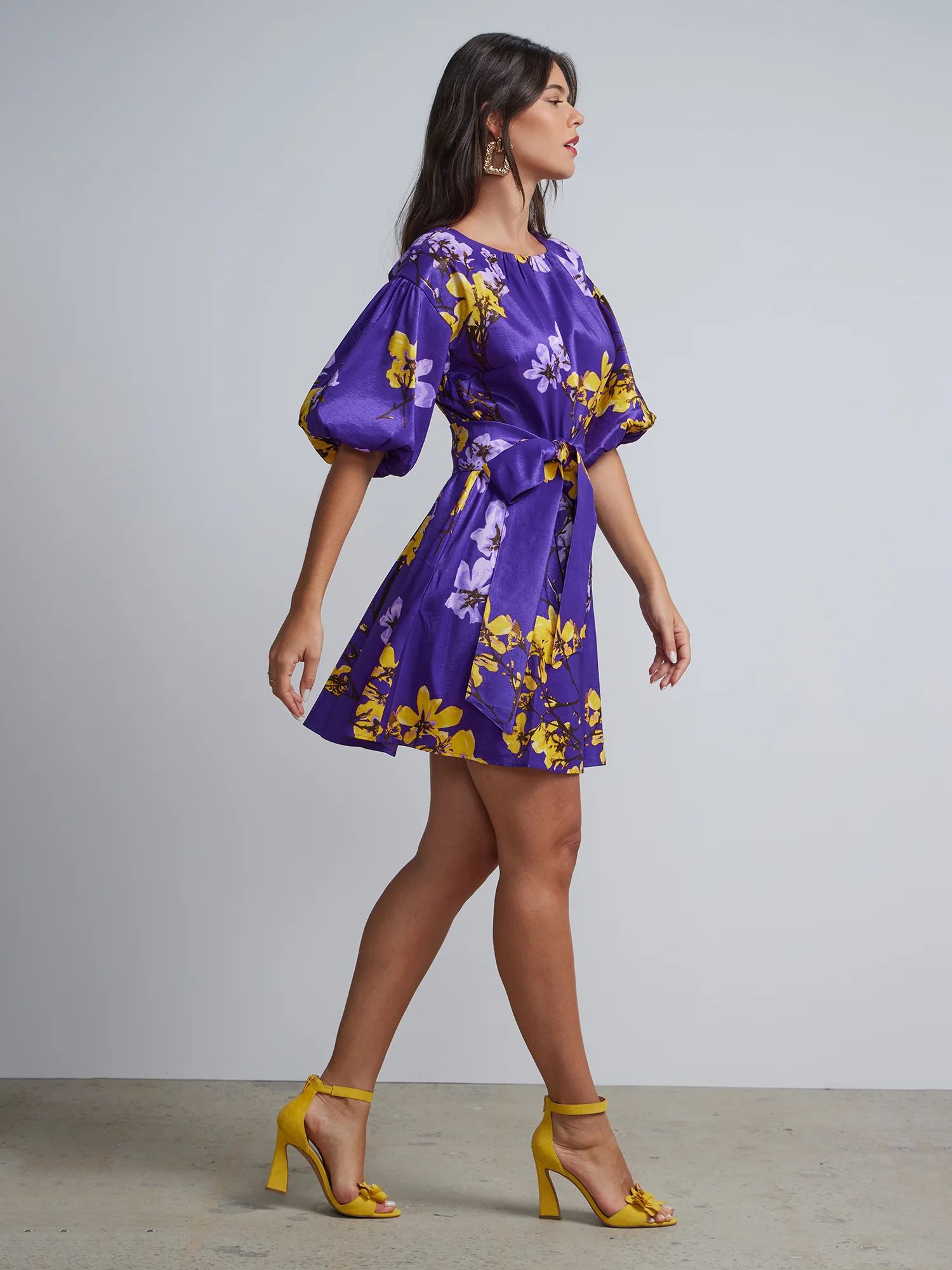Floral-Print Belted Puff-Sleeve Flare Dress - Image 2