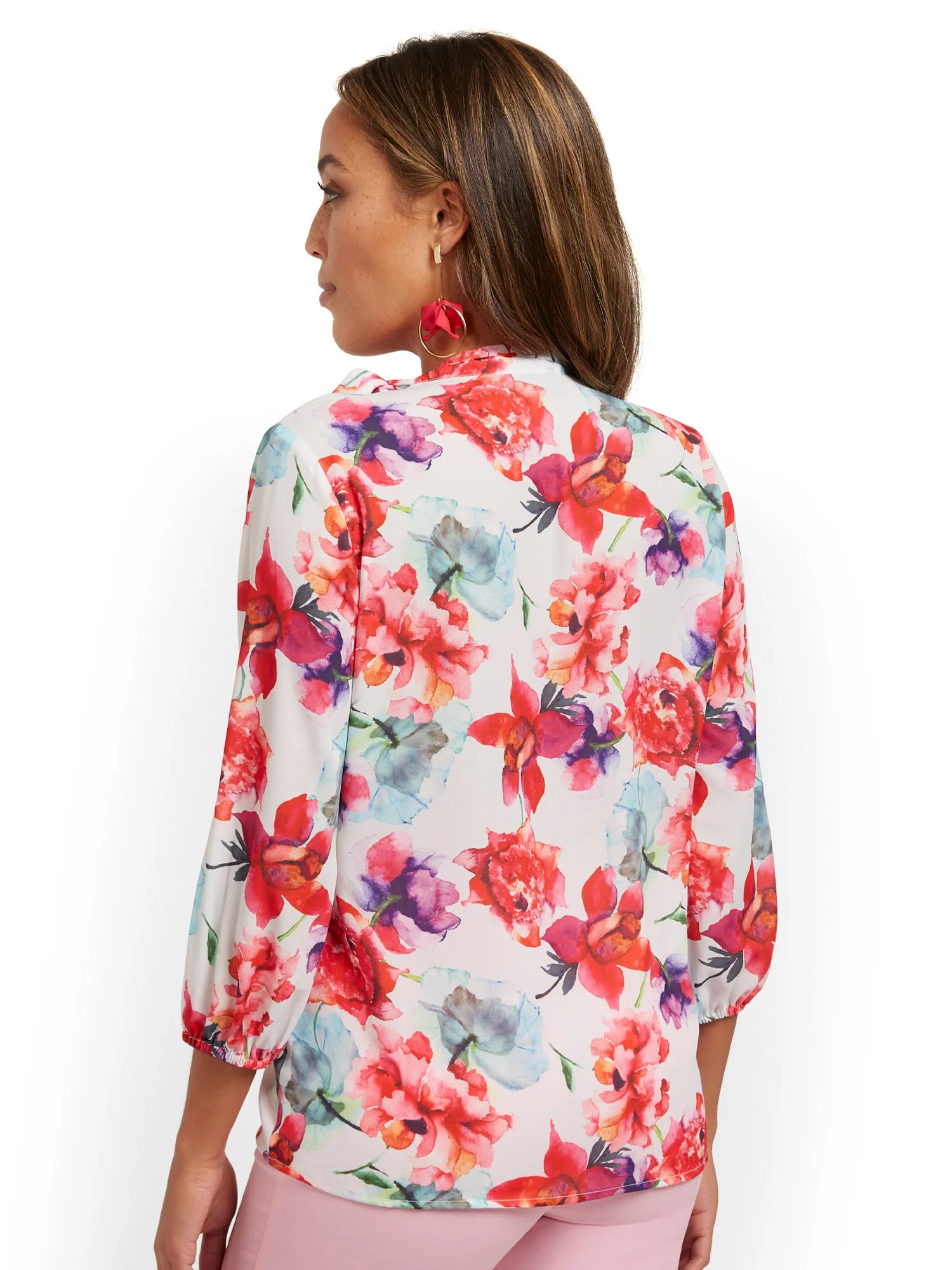 Floral-Print Button-Front Bow-Neck Blouse - Image 3