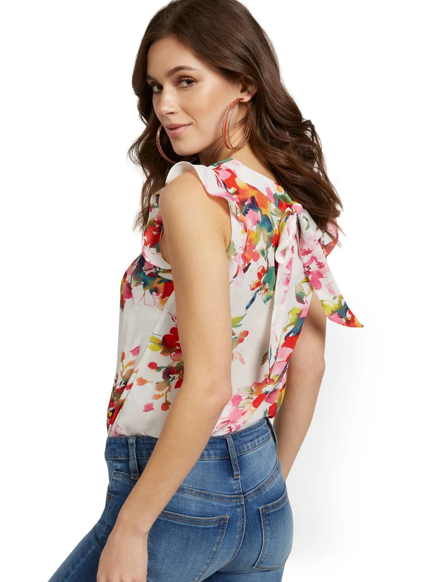 Floral-Print Flutter-Sleeve Keyhole Bow Blouse - Image 2