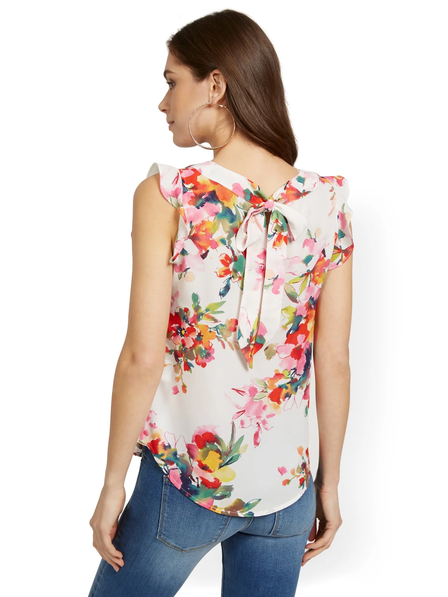 Floral-Print Flutter-Sleeve Keyhole Bow Blouse - Image 3
