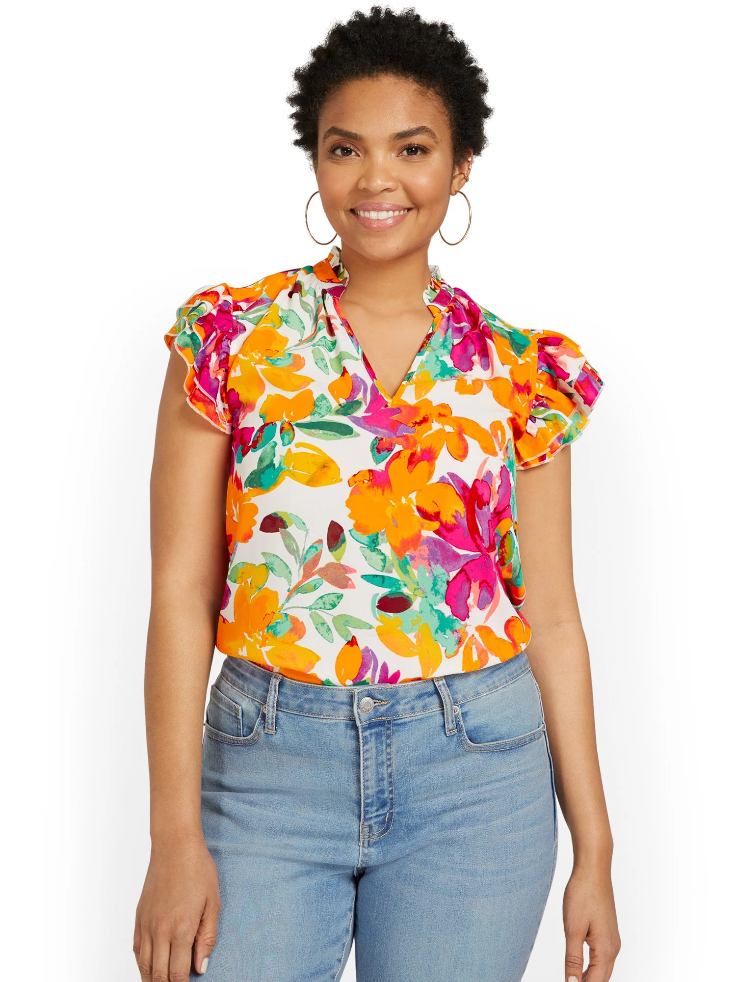 Floral-Print Flutter-Sleeve Ruffle Blouse - Image 2