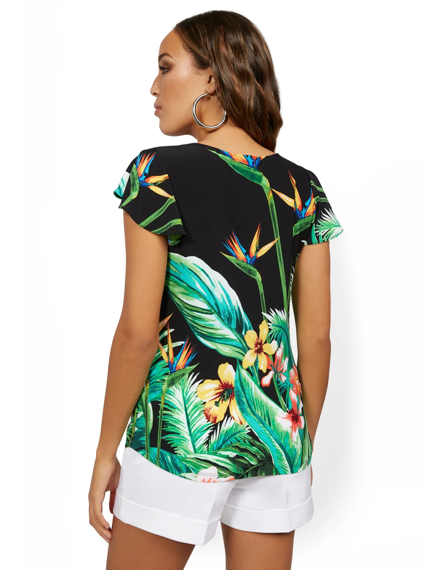 Floral-Print Flutter-Sleeve Square-Neck Top - Image 3