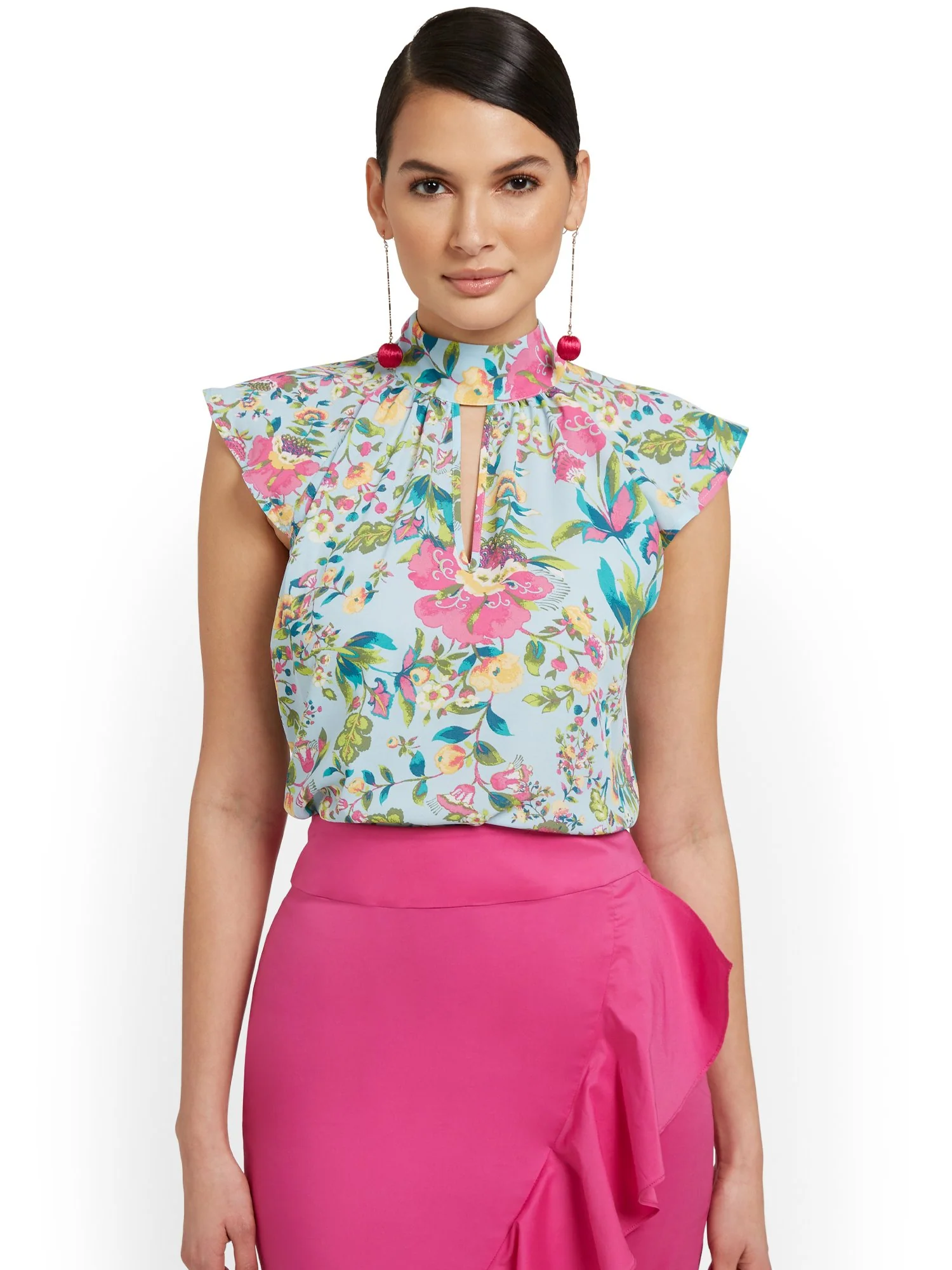 Floral-Print Mock-Neck Ruffle Blouse - Image 6