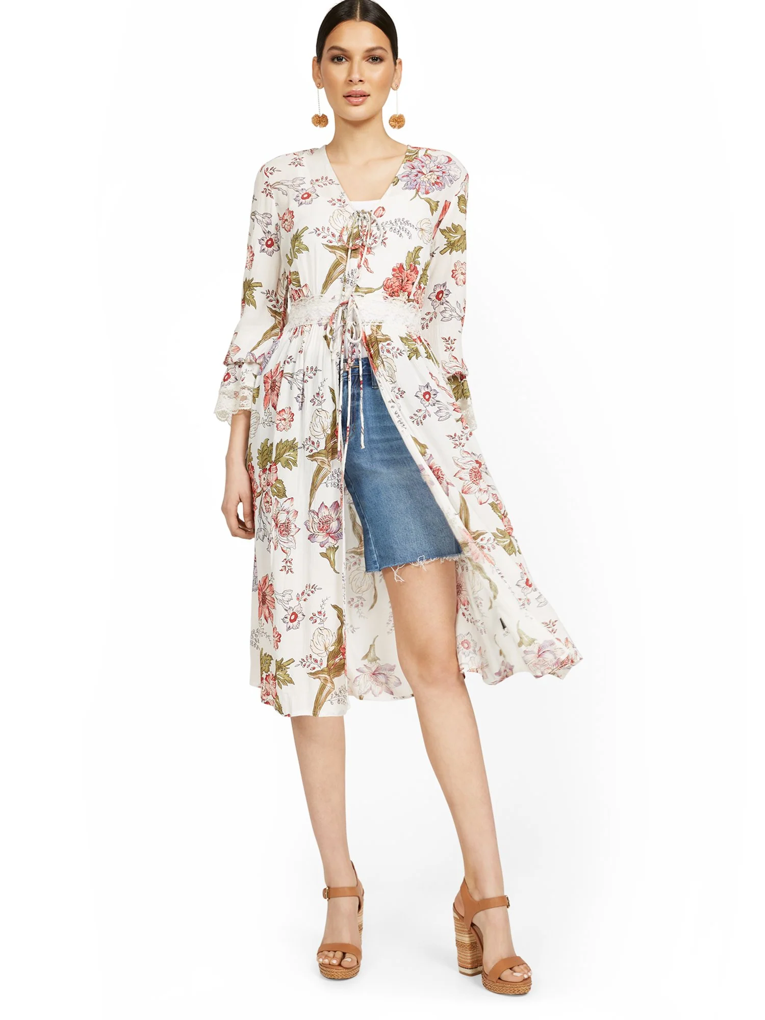 Floral-Print Sheer Lace-Up Kimono Top - Image 2
