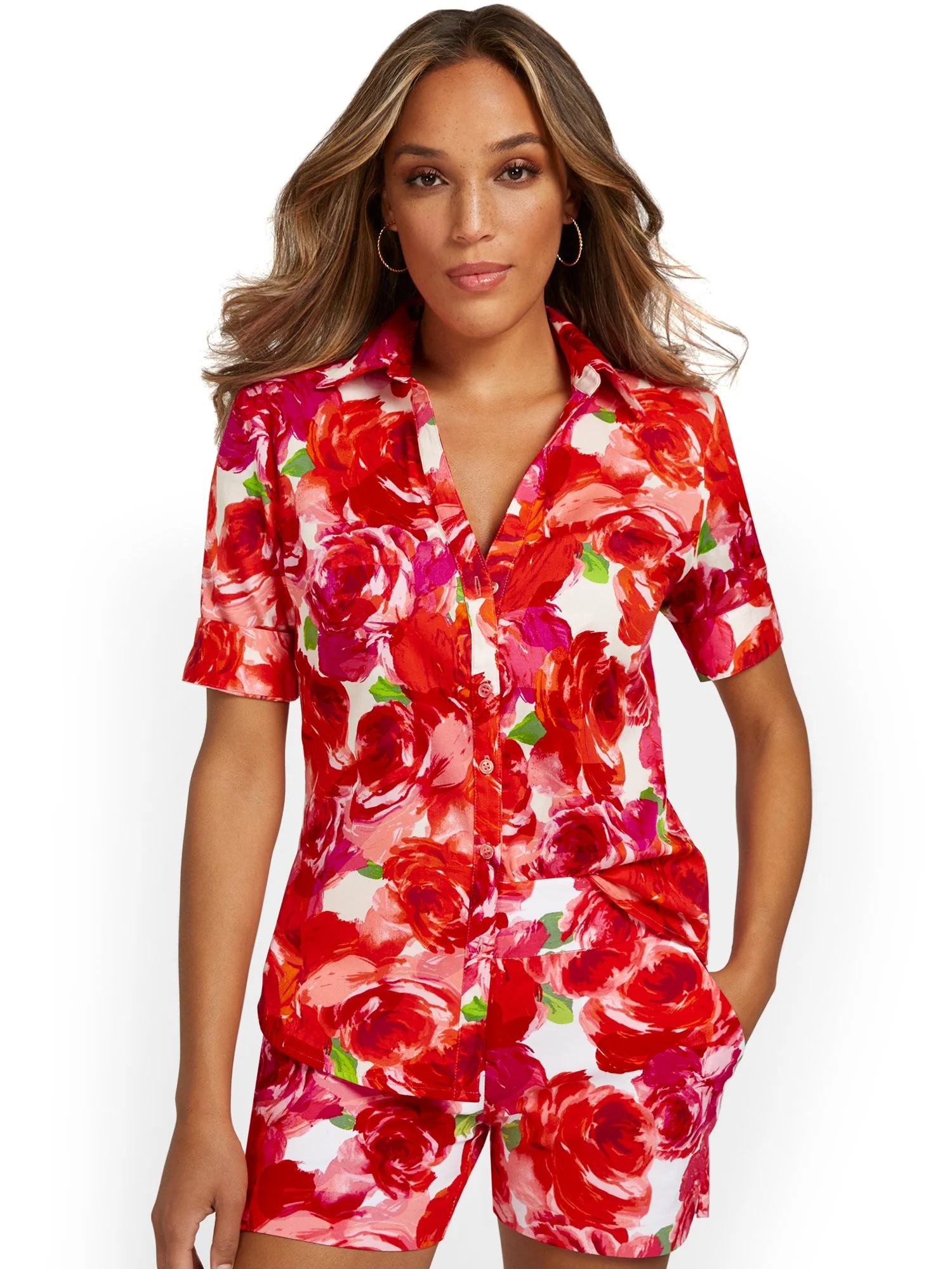 Floral-Print Short-Sleeve Ruched Button-Front Secret Snap - NY&C Madison Shirt®