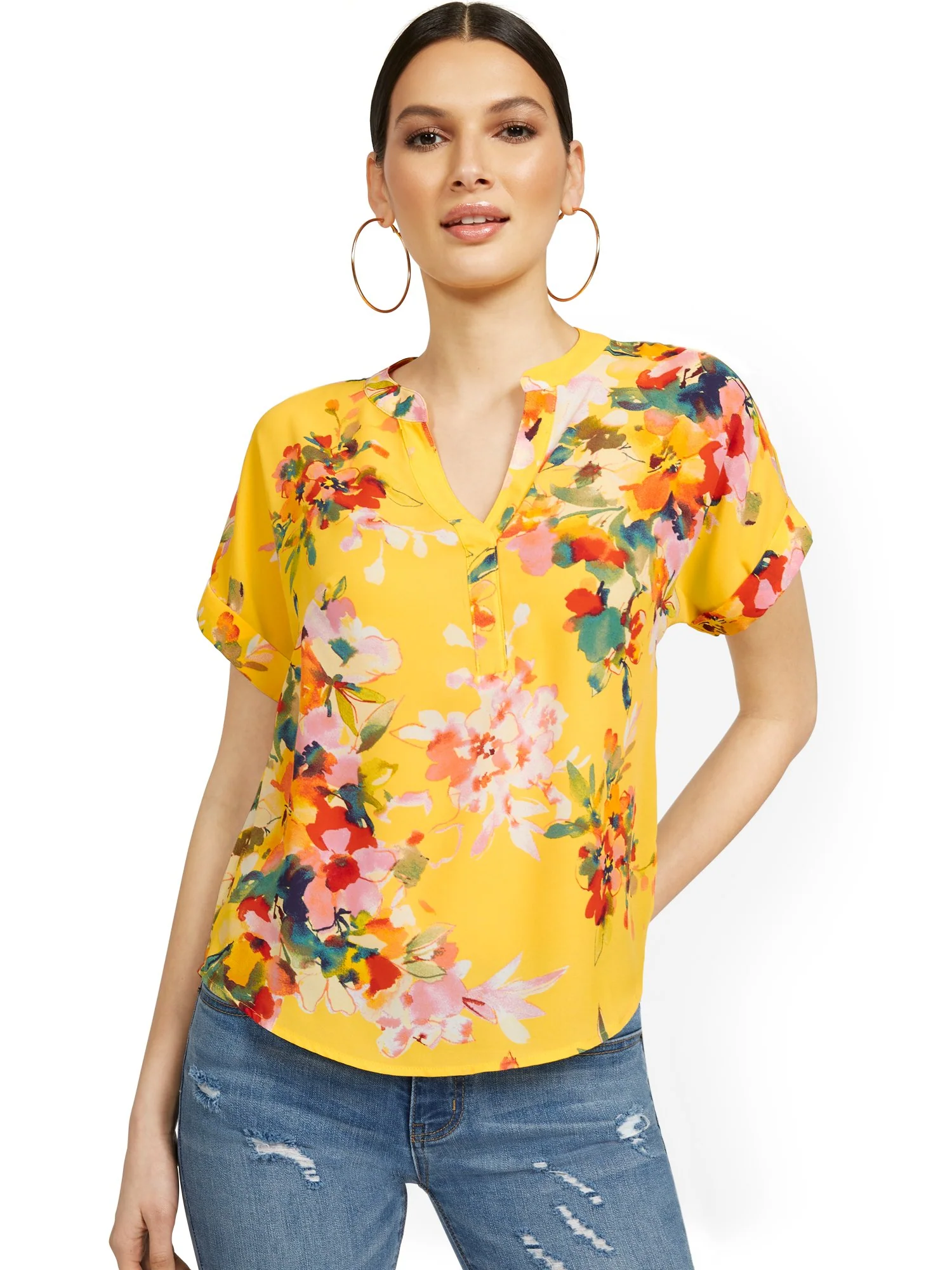 Floral-Print Short-Sleeved Split-Neck Pullover Top - Image 6