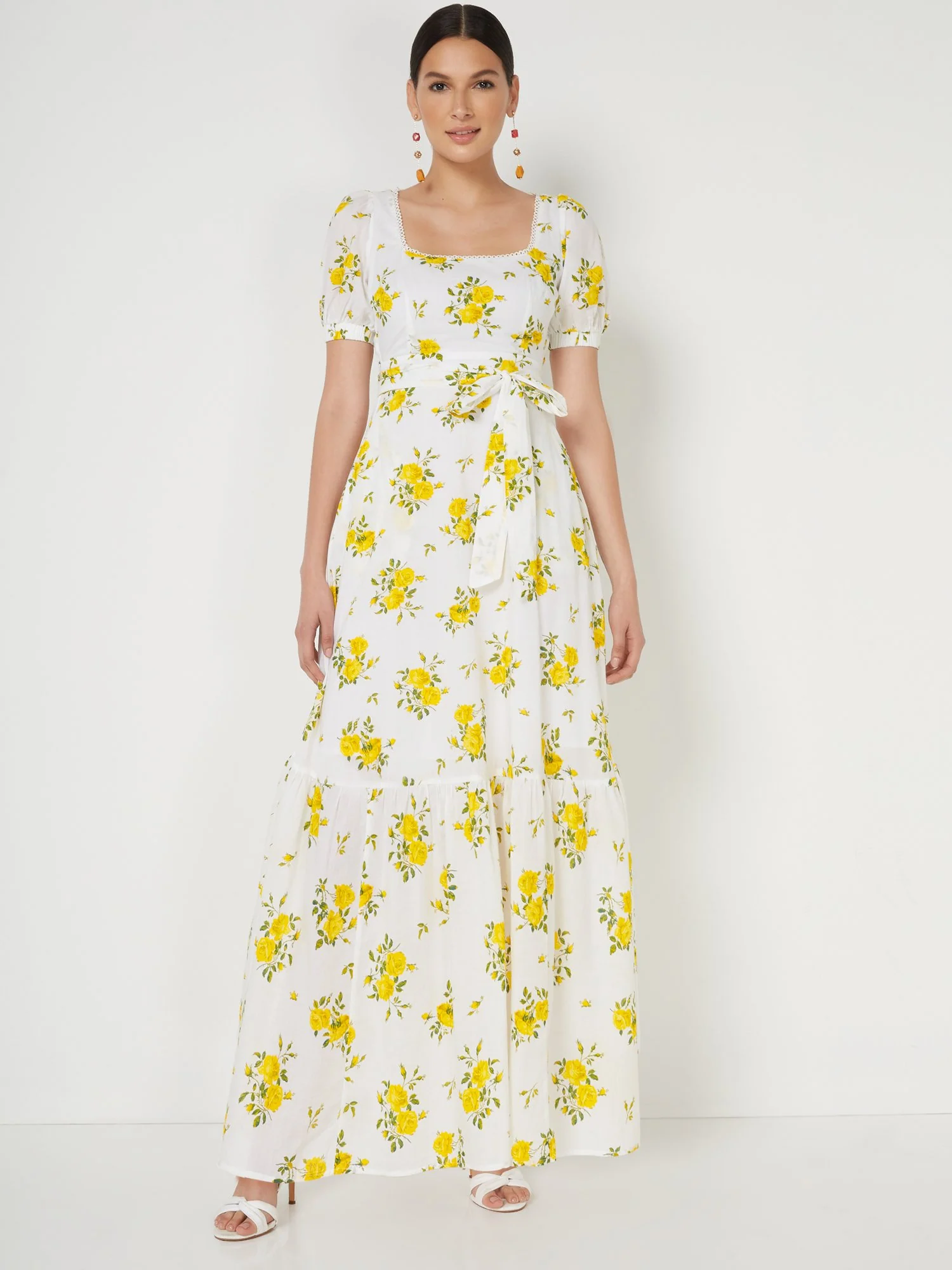 Floral-Print Square-Neck Puff-Sleeve Maxi Dress