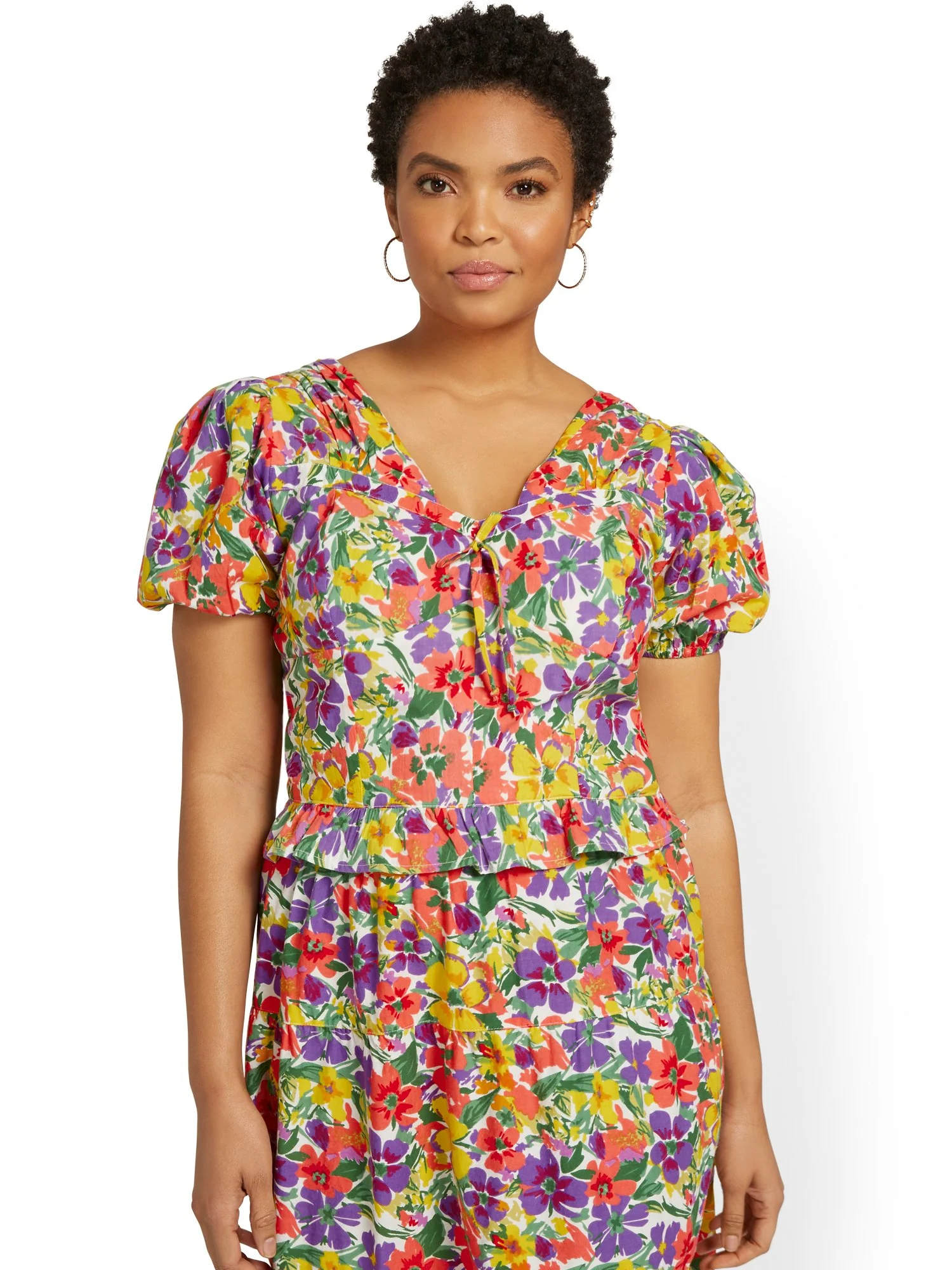Floral-Print Tie-Back Peplum Top - Image 2