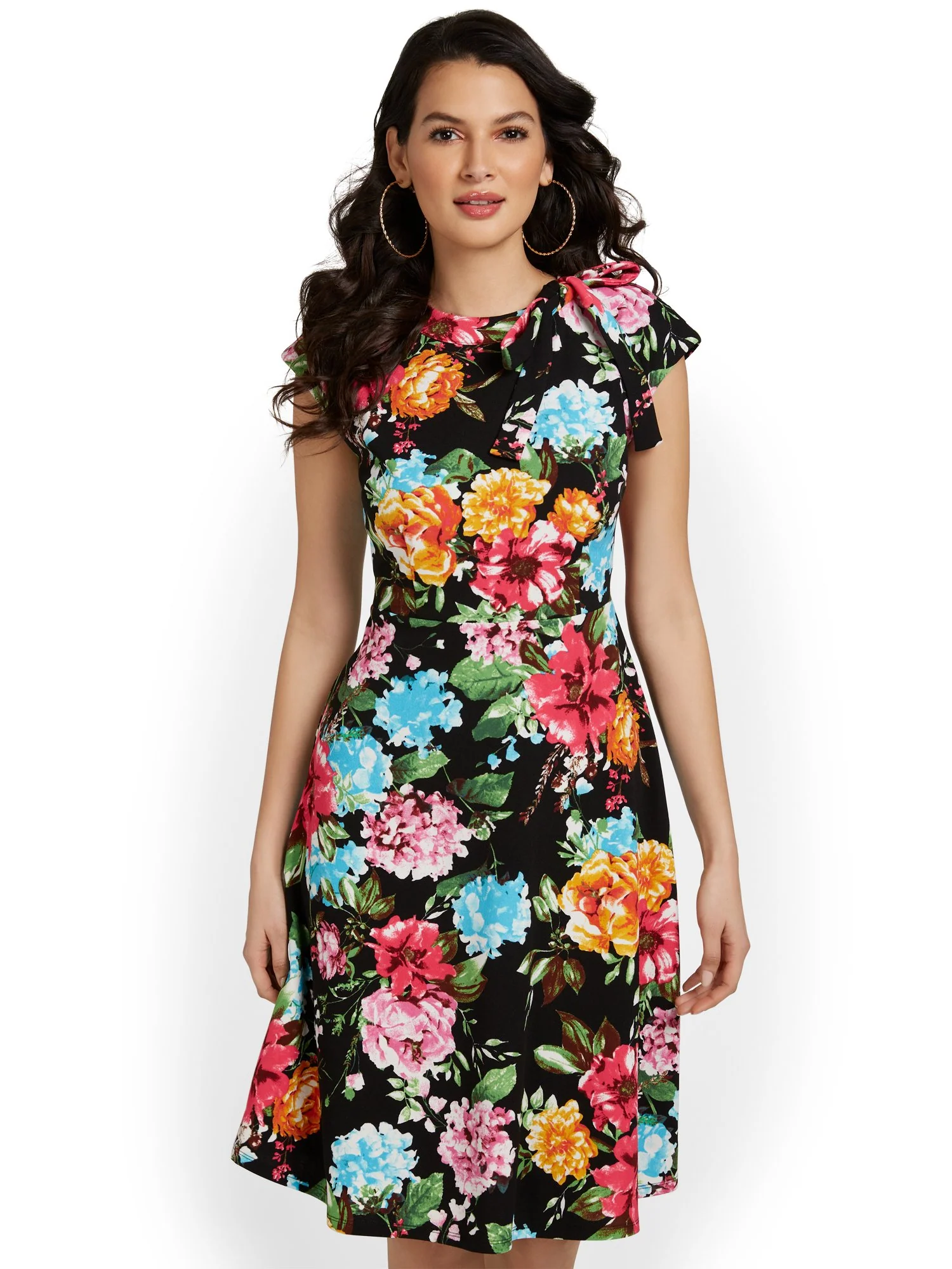 Floral-Print Tie-Neck Flare Dress - Magic Crepe® - Image 2