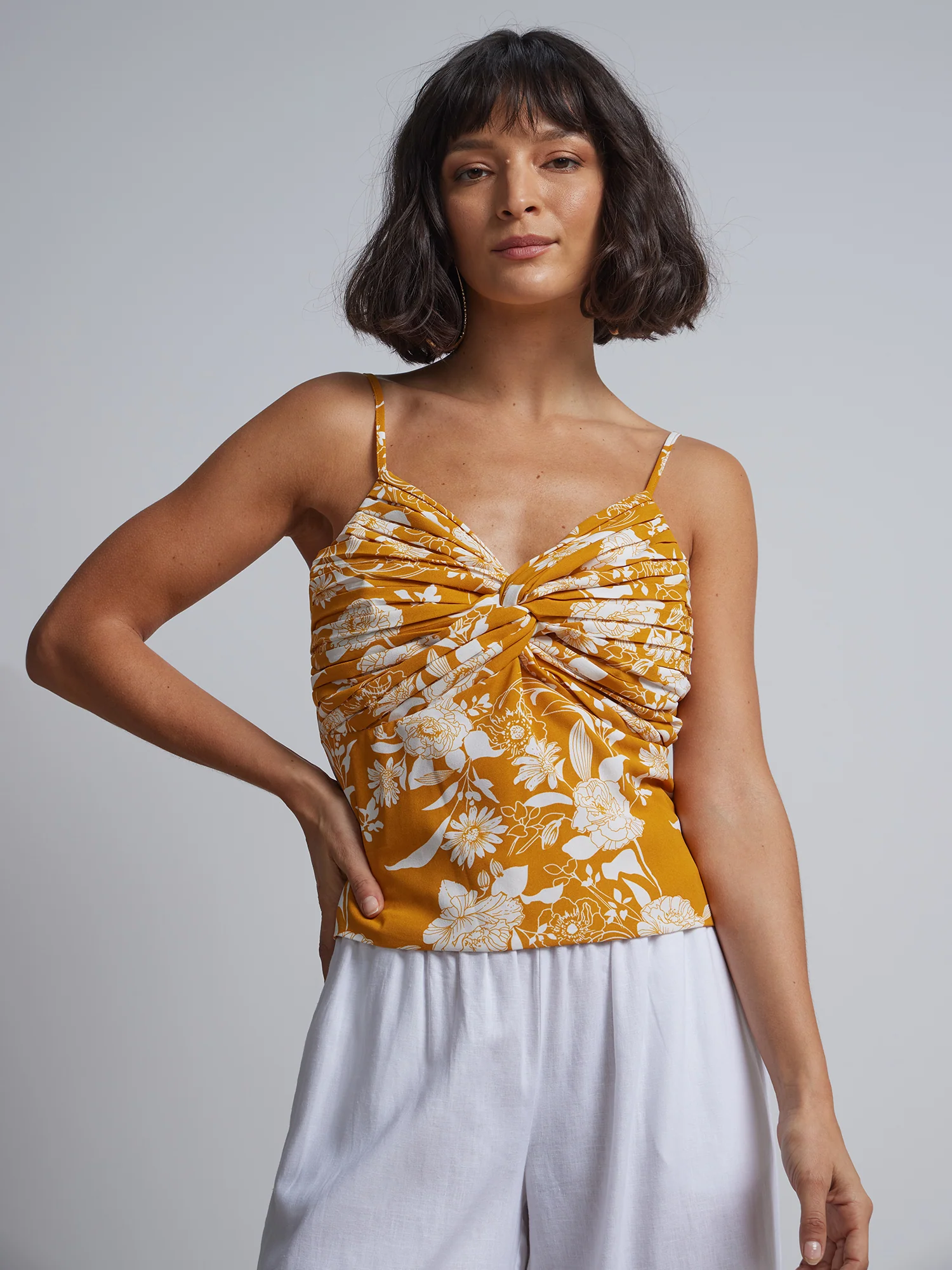 Floral-Print Twist Front Sleeveless Top