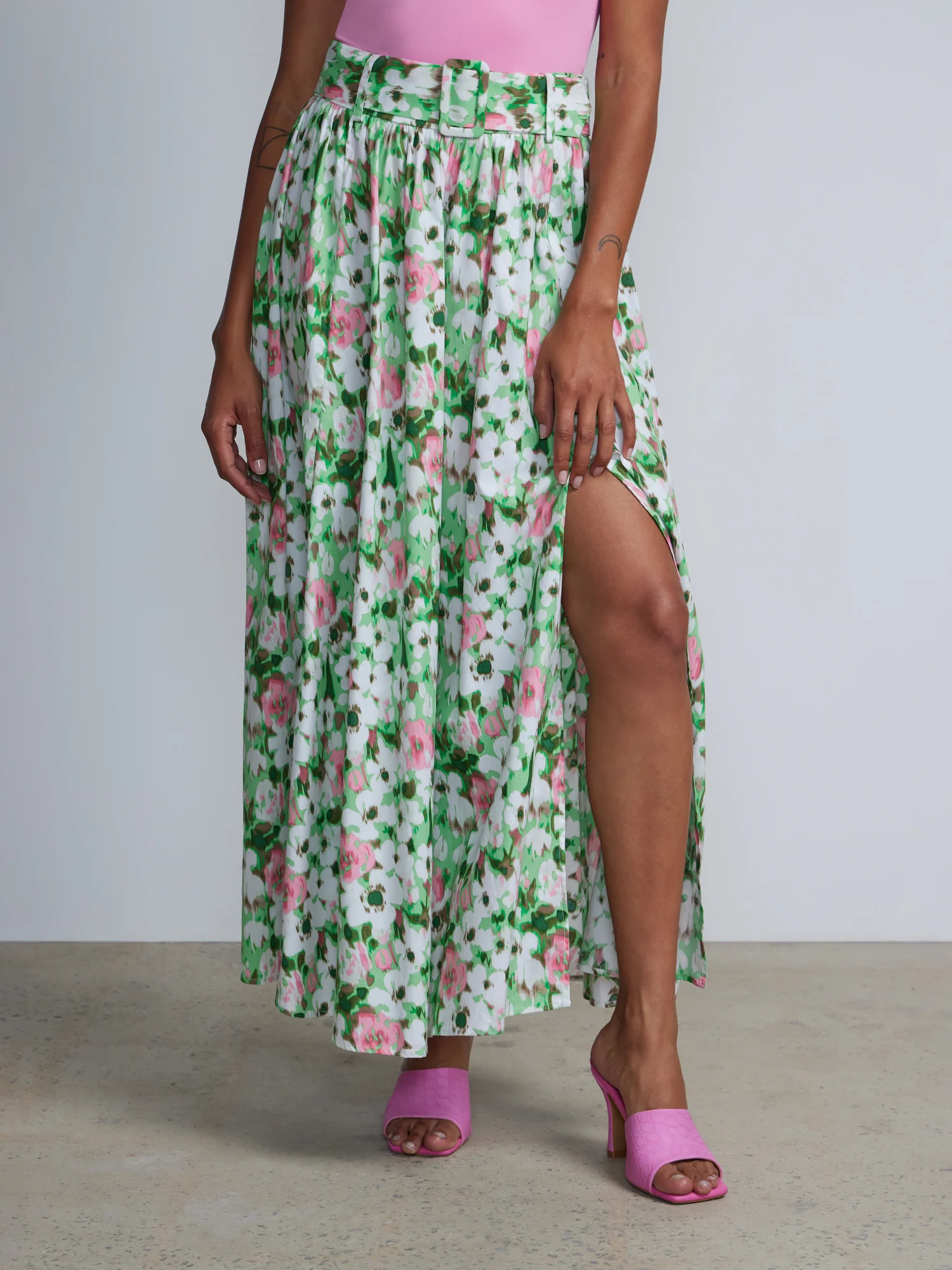 Belted Floral Print Maxi Skirt