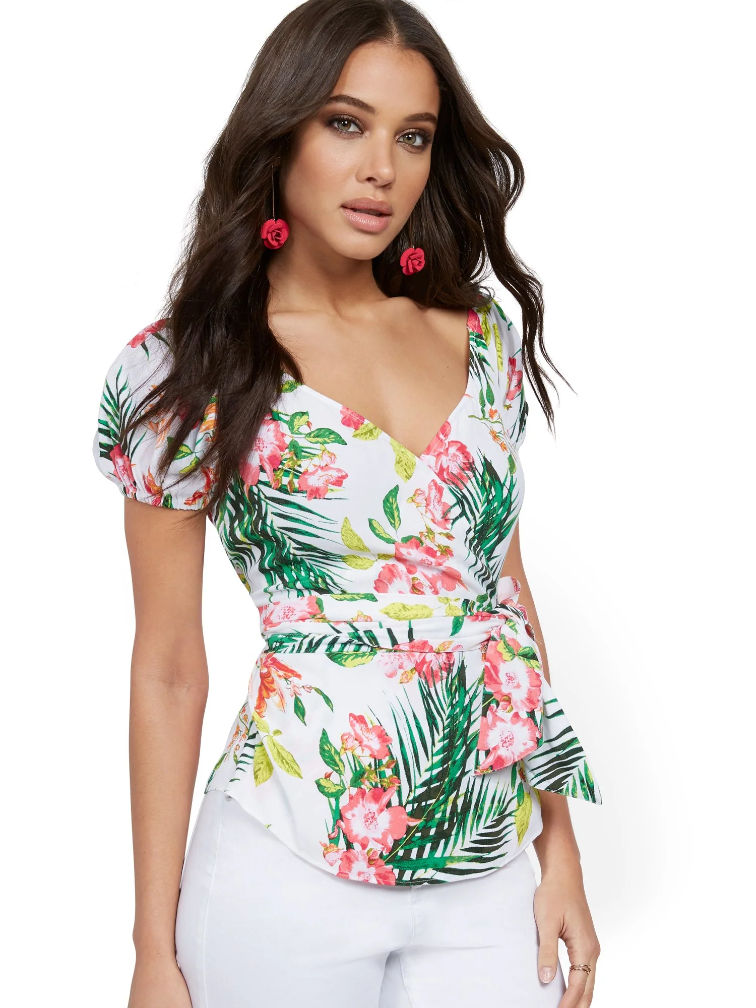 Floral Puff-Sleeve Wrap Blouse - Image 4