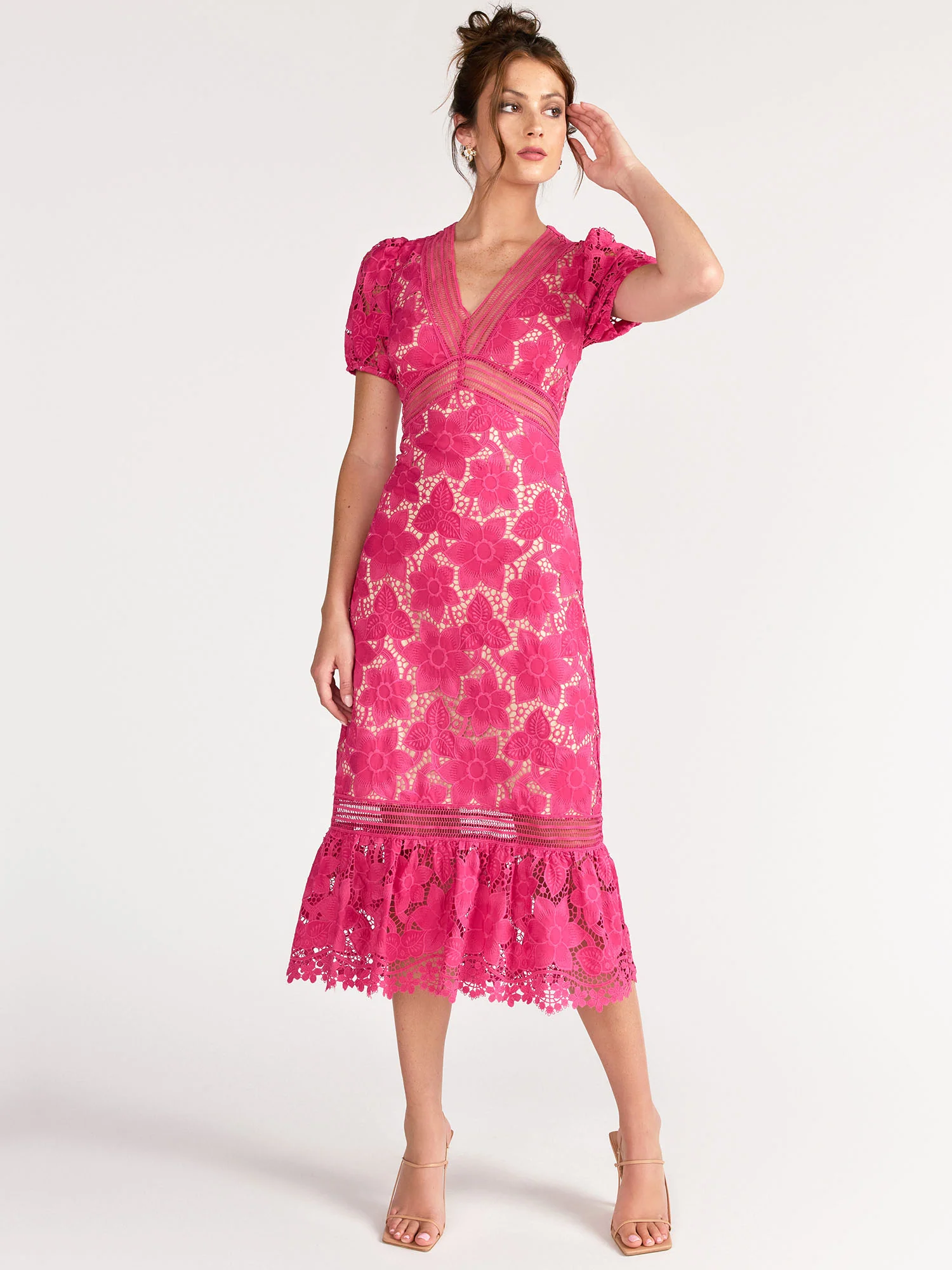 Just Me Floral Puff Sleeves Ruffle Mesh Lace Dress - Brands We Love