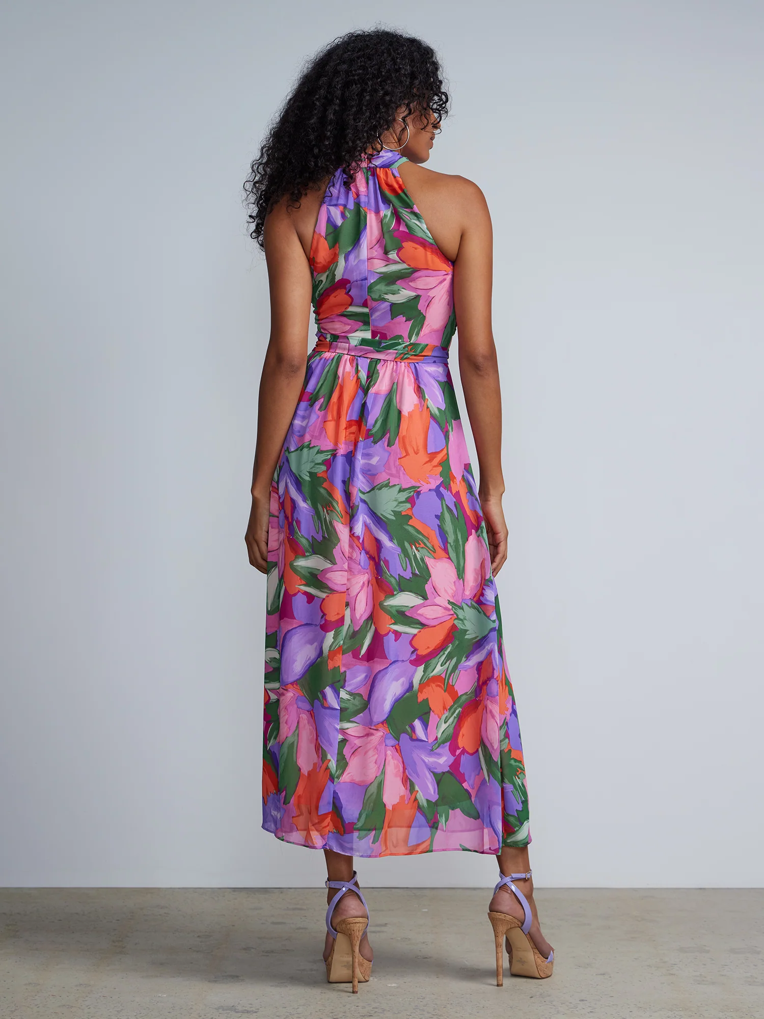 Floral Sleeveless CrissCross Wrap Neck Halter Maxi Dress - Image 3