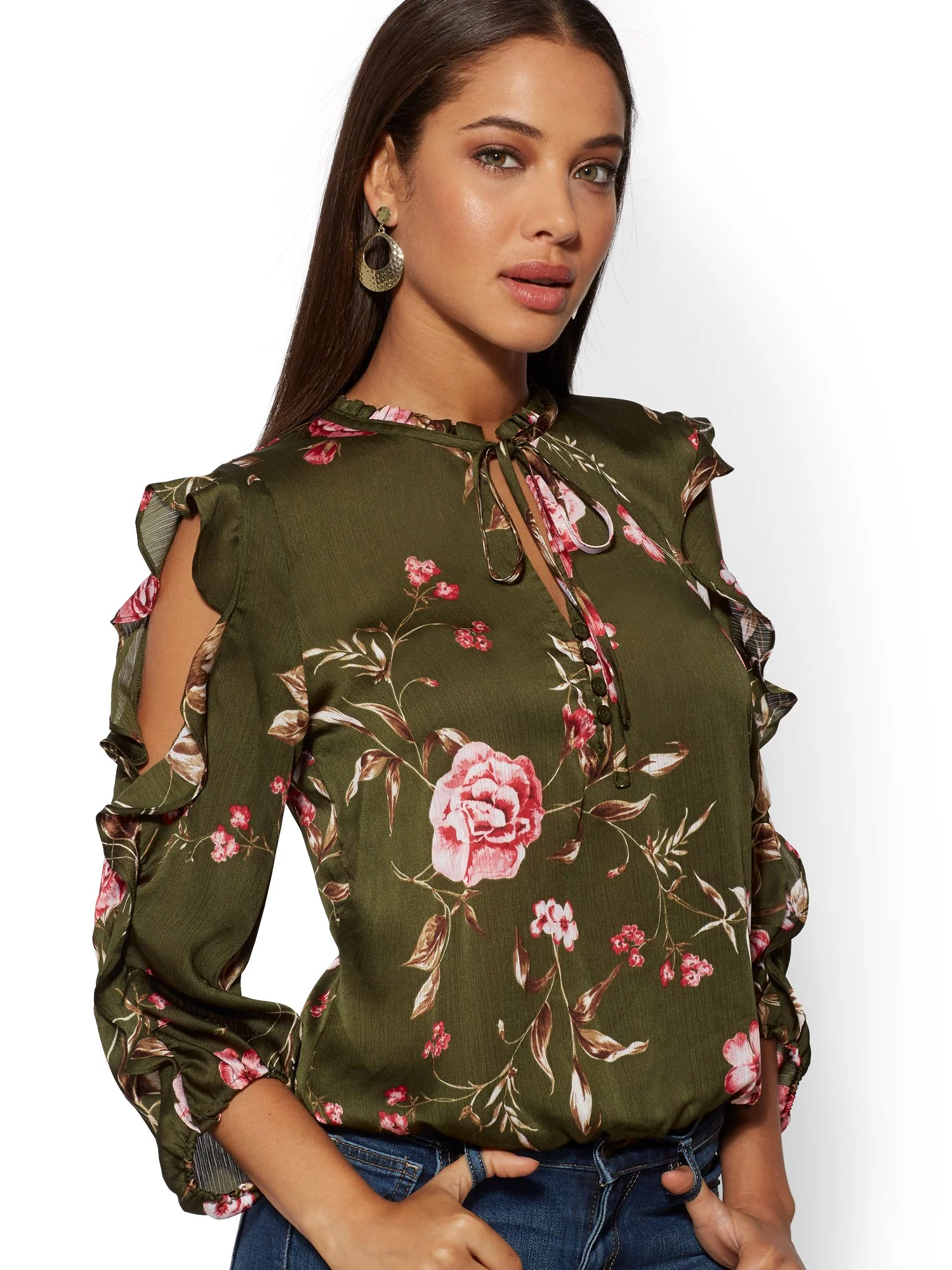 Floral Tie-Front Cold-Shoulder Blouse - Image 2