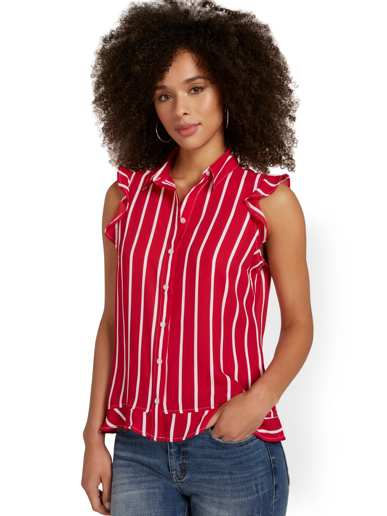 Flounce-Sleeve Stripe Shirt