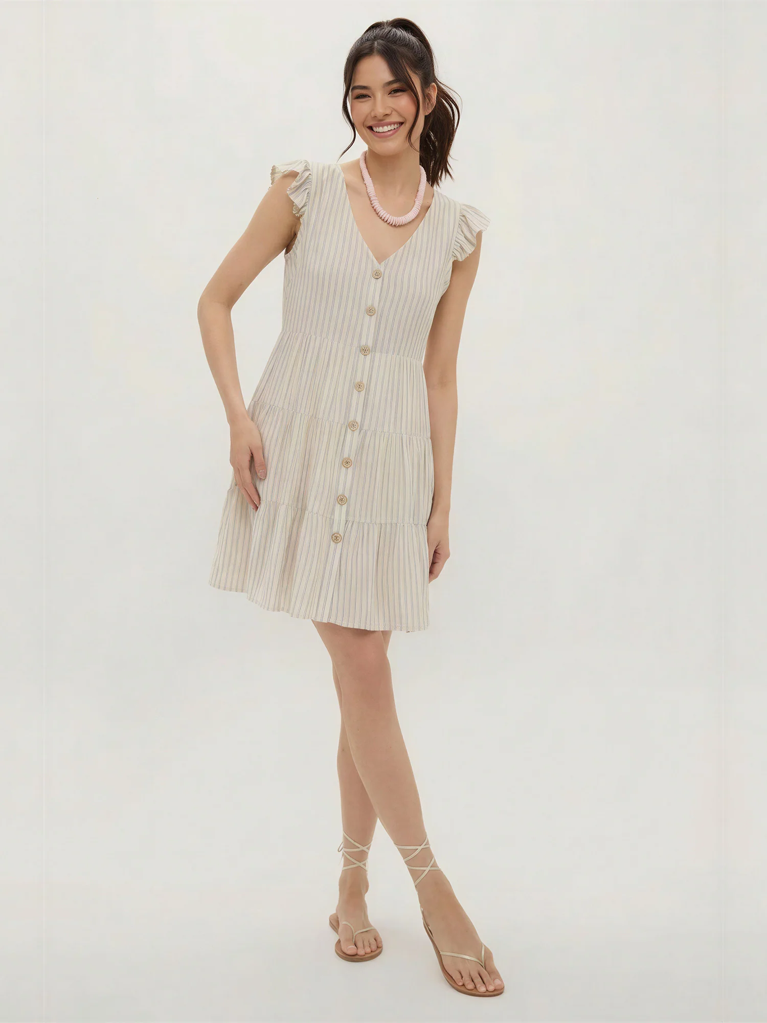 Flutter Sleeve Button Down Striped Shift Dress - Image 3