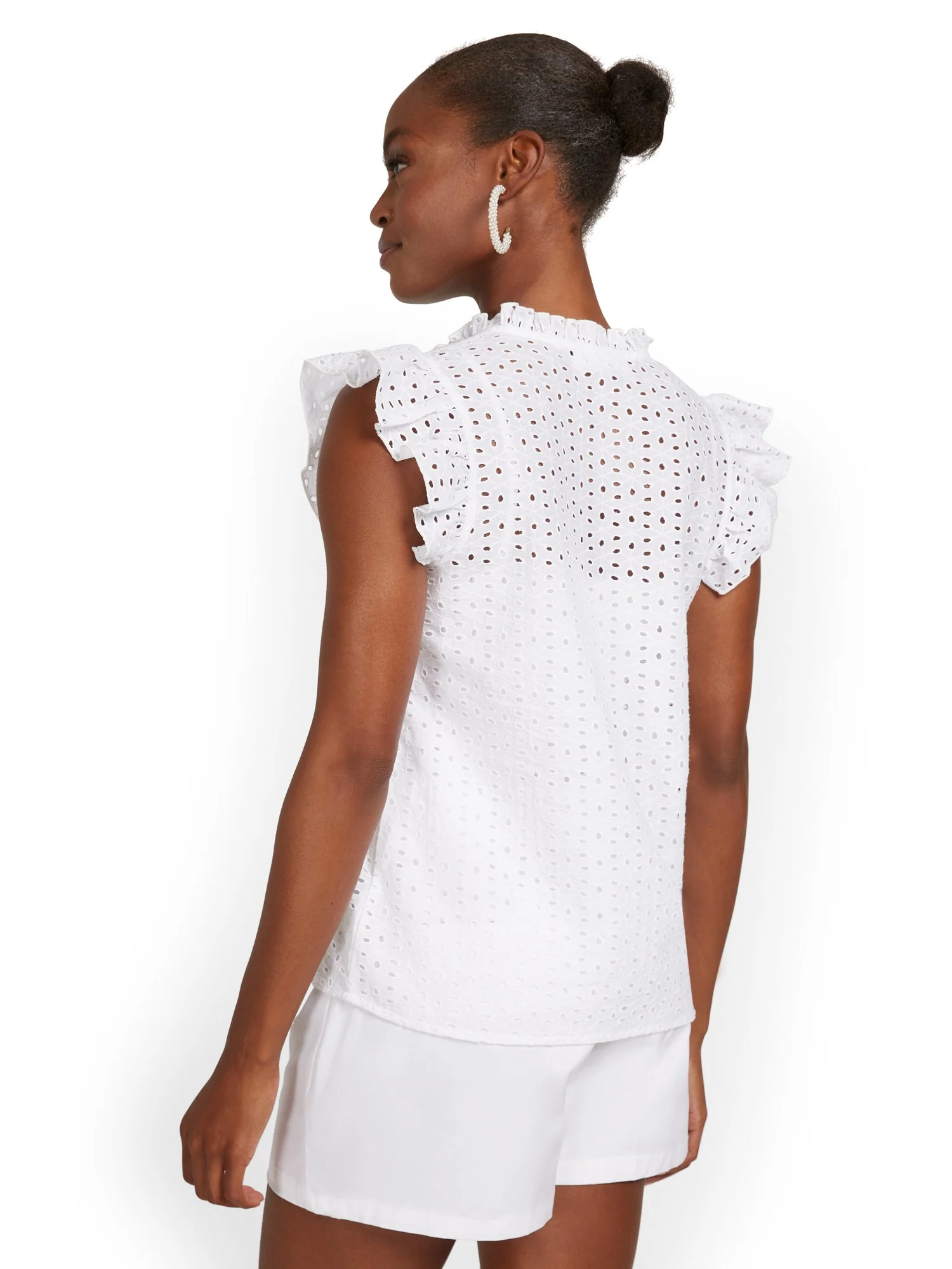 Flutter-Sleeve Eyelet Split-Neck Top - Image 3