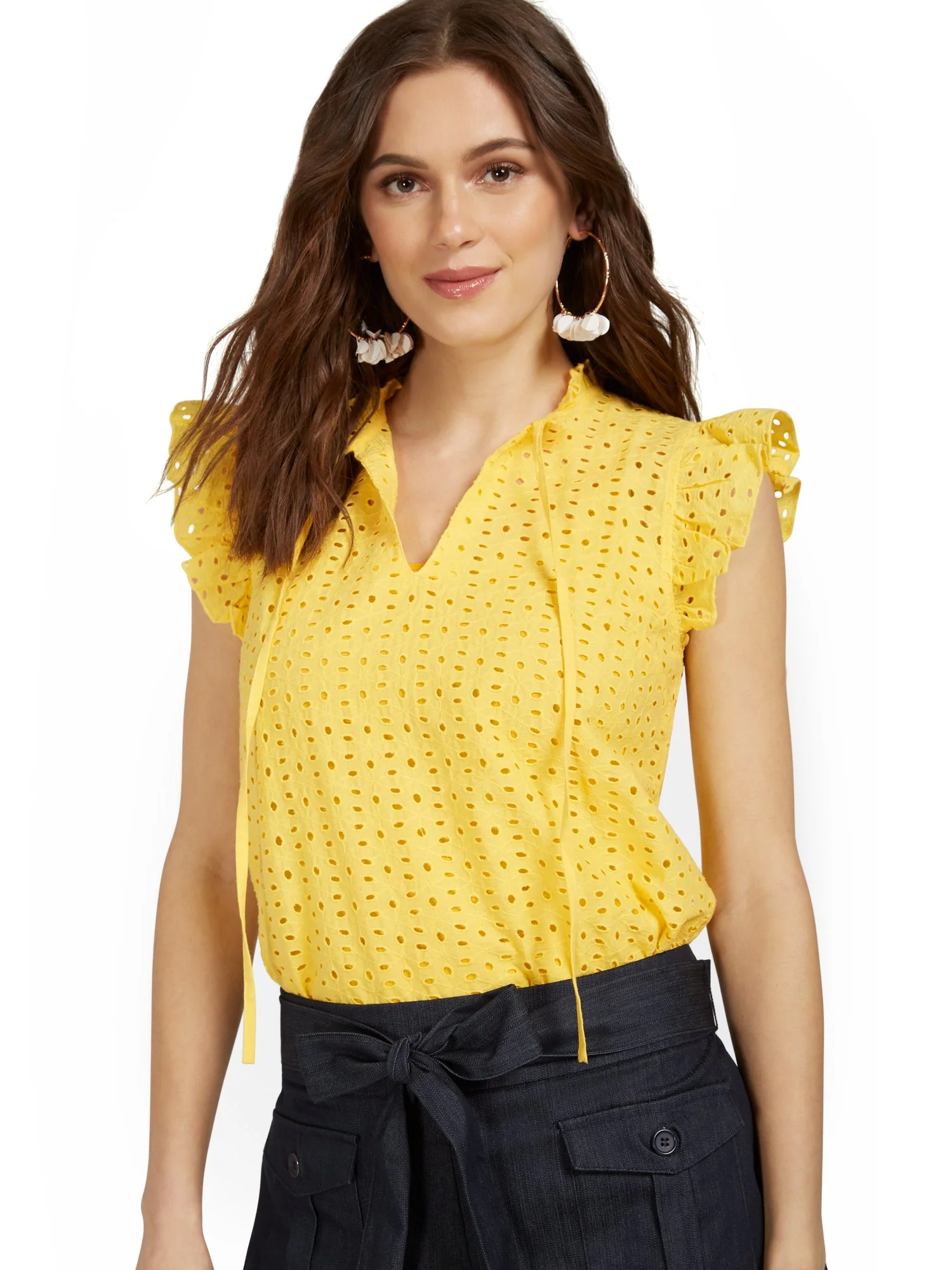 Flutter-Sleeve Eyelet Split-Neck Top - Image 5