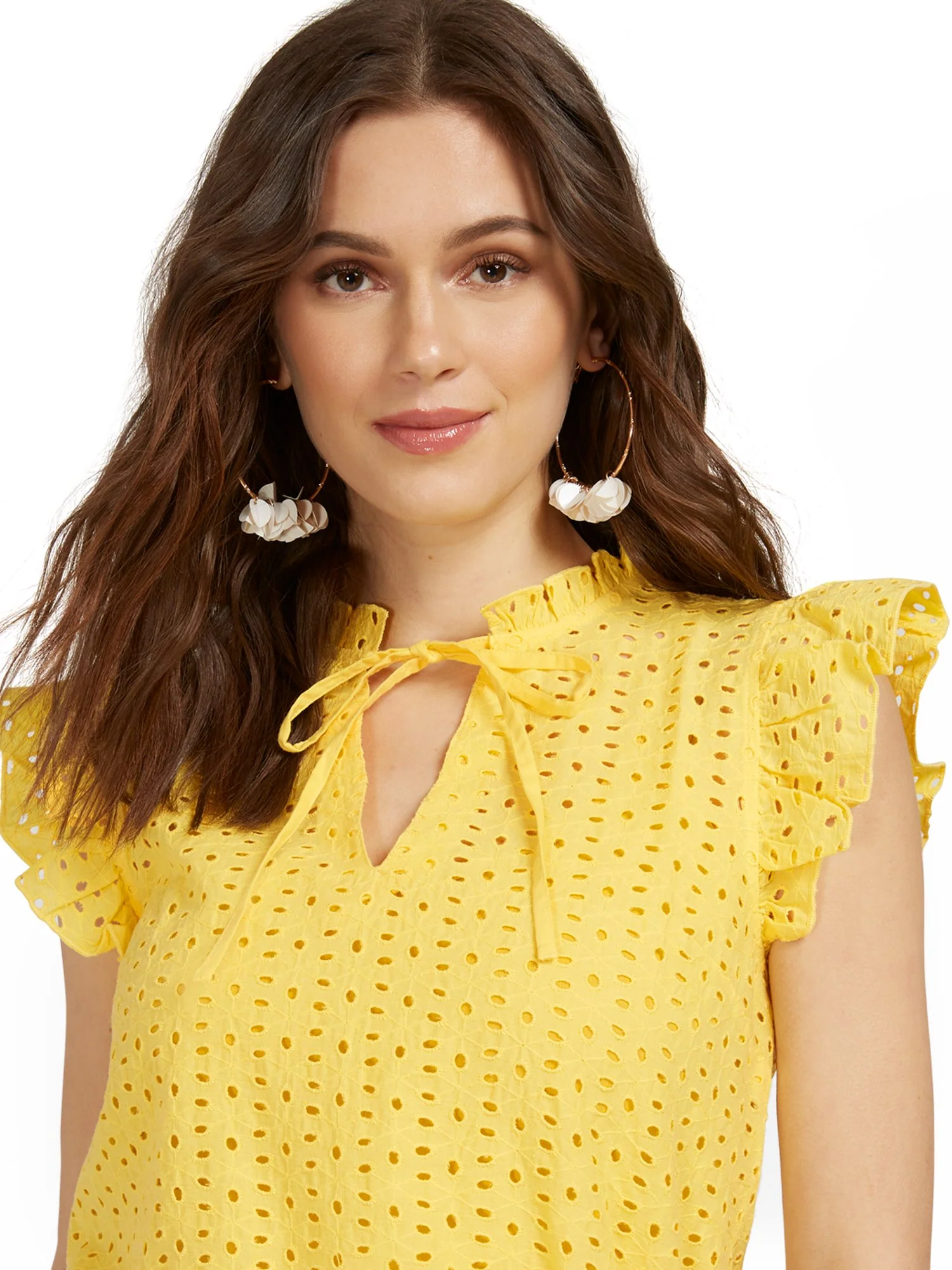 Flutter-Sleeve Eyelet Split-Neck Top - Image 7