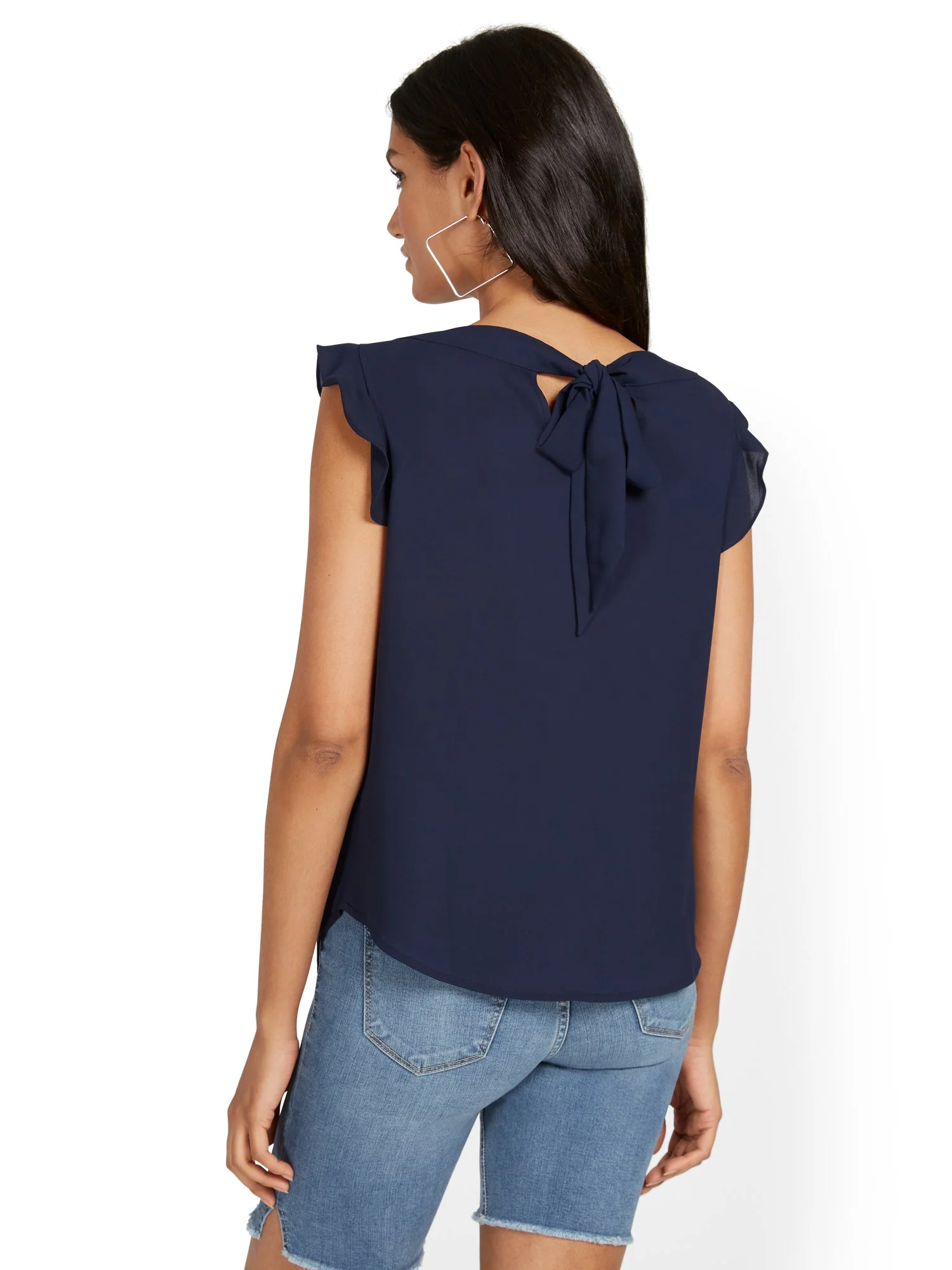 Flutter-Sleeve Keyhole Bow Blouse - Image 14