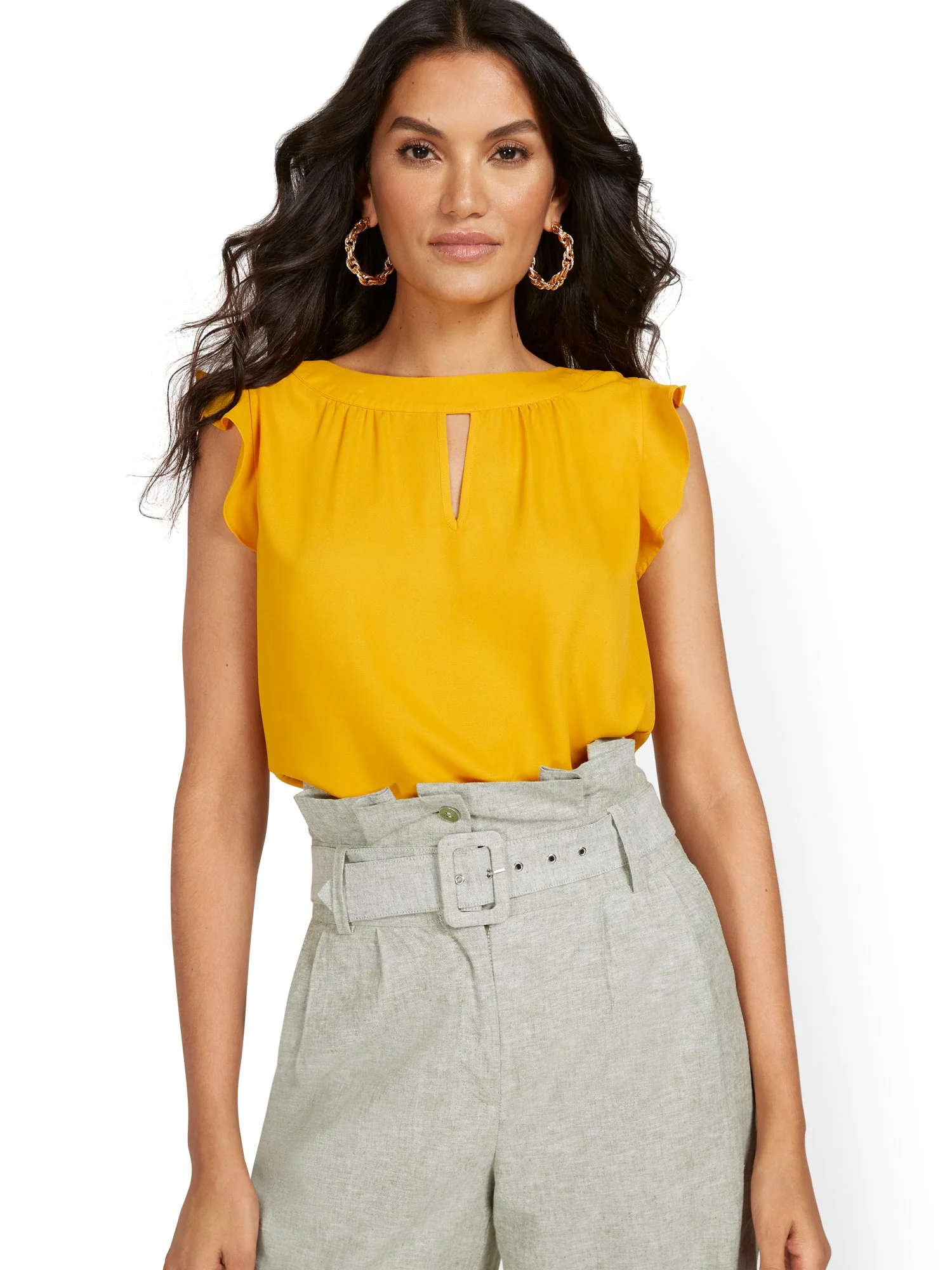 Flutter-Sleeve Keyhole Bow Blouse - Image 32