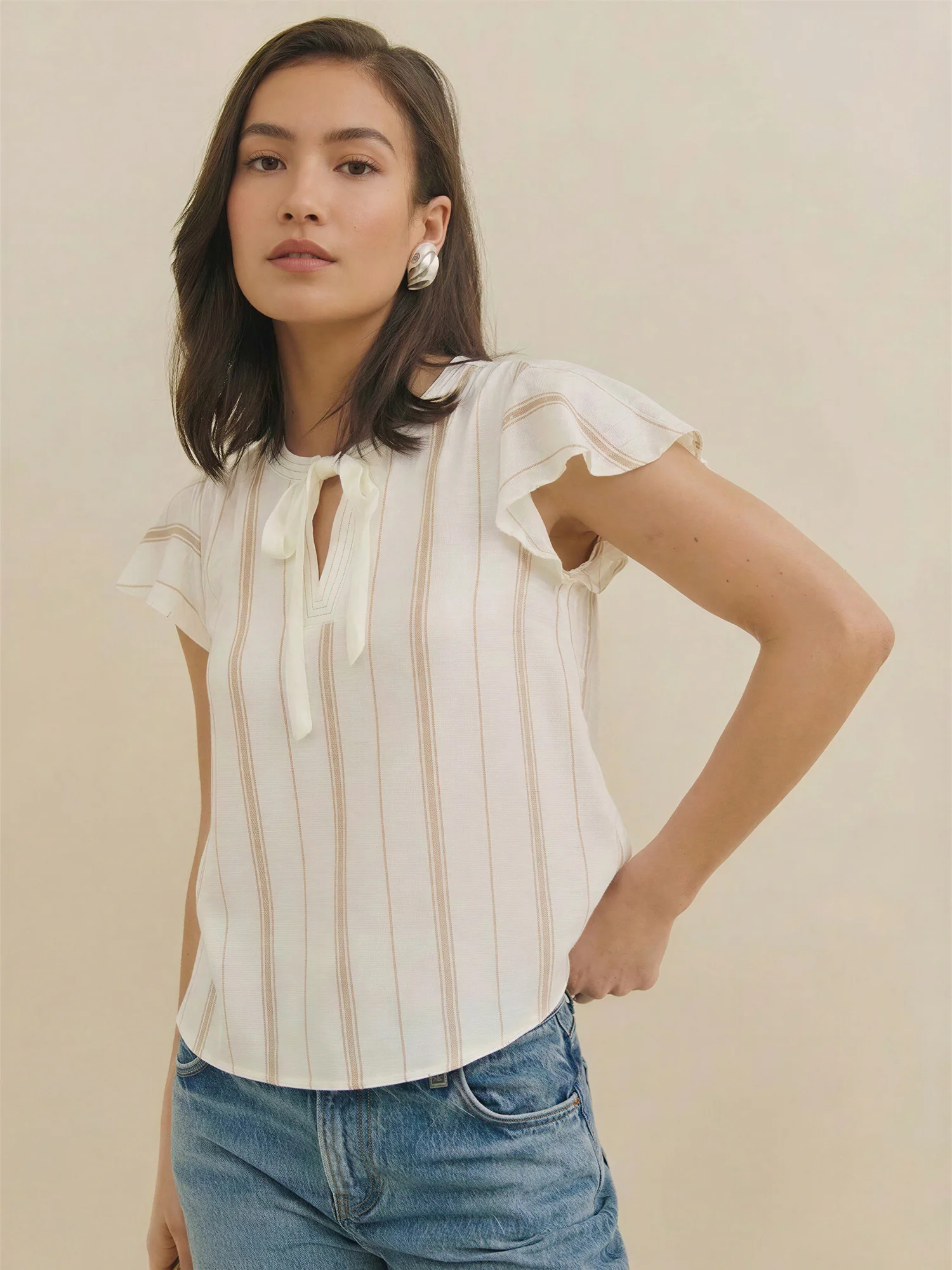 Flutter Sleeve Tie Neck Striped Blouse
